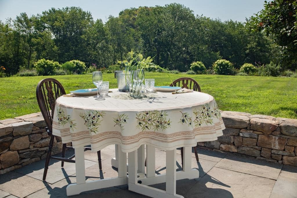 Amelie Michel Wipe-Clean French Tablecloth in Olives, Ivory | Authentic French Acrylic-Coated 100% Cotton Fabric | Easy Care, Spill Proof [70" Round]