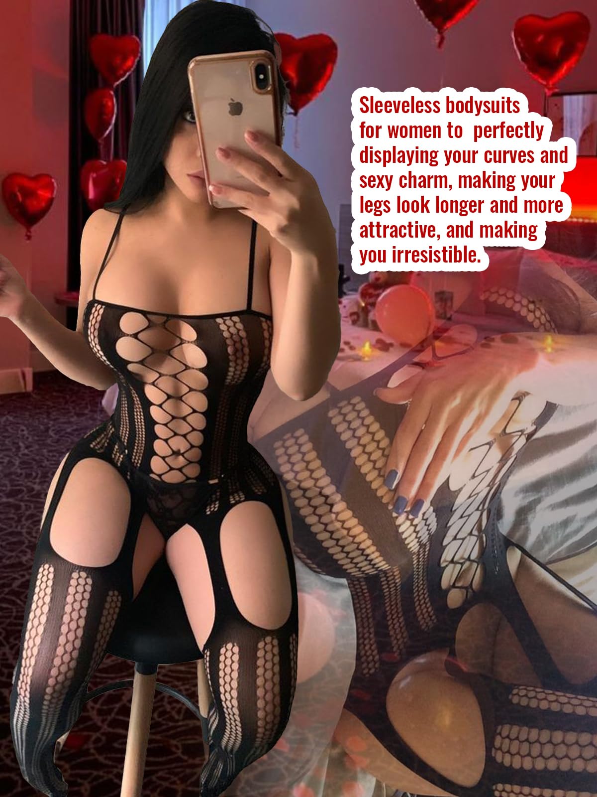 Buitifo Womens Fishnet Bodystocking Plus Size Crotchless Bodysuit Sexy Tights Soft Nightwear Lingerie: One Size Black Nnst