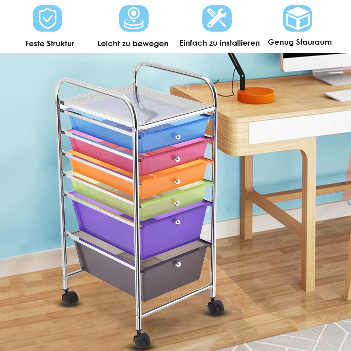 GOPLUS Rollwagen mit 6 Schubladen, Rollregal Farbig, Küchenwagen mit Rädern, Beistellwagen Haushaltswagen Rollcontainer Badrollwagen Badtrolley Badregal