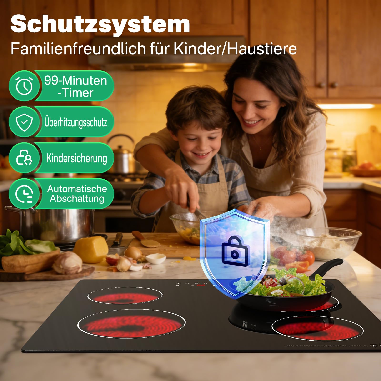 60 cm Glaskeramik Kochfeld 4 Zonen, 6000W Elektro-Cerankochfeld Einbau, Slider Touch Bedienung, Einkreis-Kochzonen, Ohne Stecker Festanschluss, 560×490 mm
