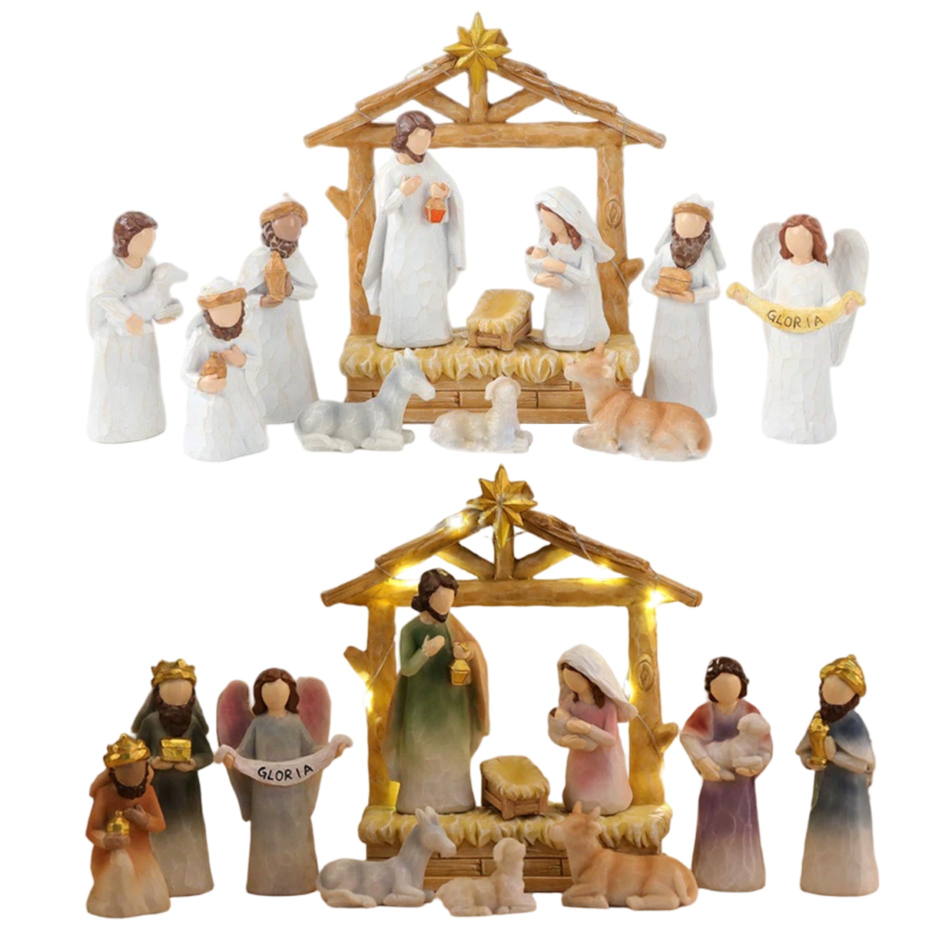 Conjuntos y Figuras de Natividad Juego de 12 Belén de Resina con Luces Navideñas para Decoración Navideña para Niños y Familias Conjuntos Figuras Blancas Juego de Navidad.