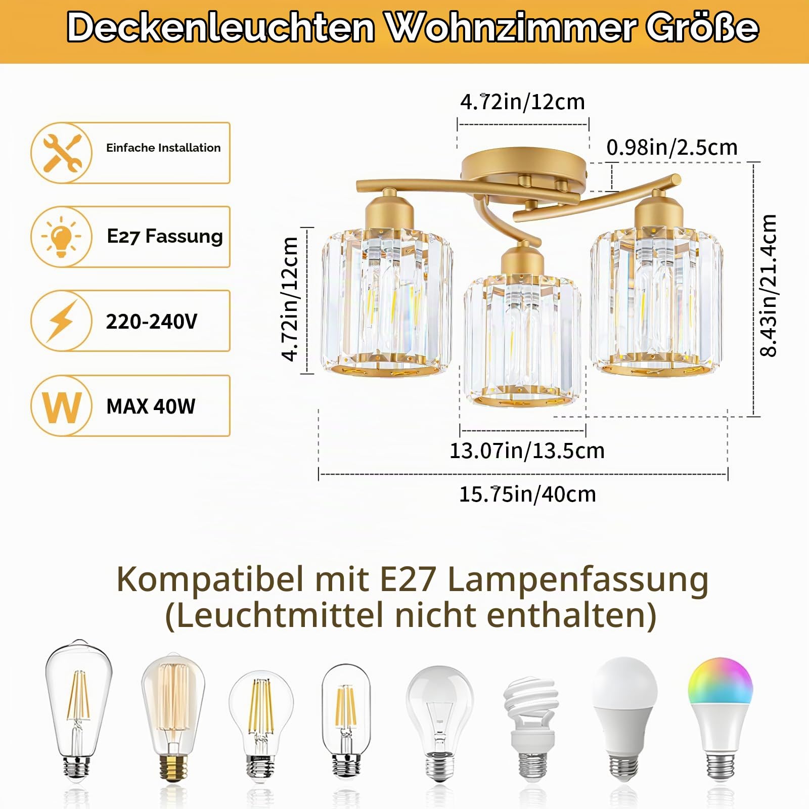 Deckenleuchte Kristall, 3 FlammigDeckenlampe mit Glas Lampenschirm, Gold