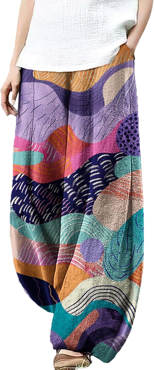 MARSVOVO Harem Pants Women Casual Baggy Wide Leg Palazzo Pants with Pockets Elastic Waist Travel Trousers Pants Oversize
