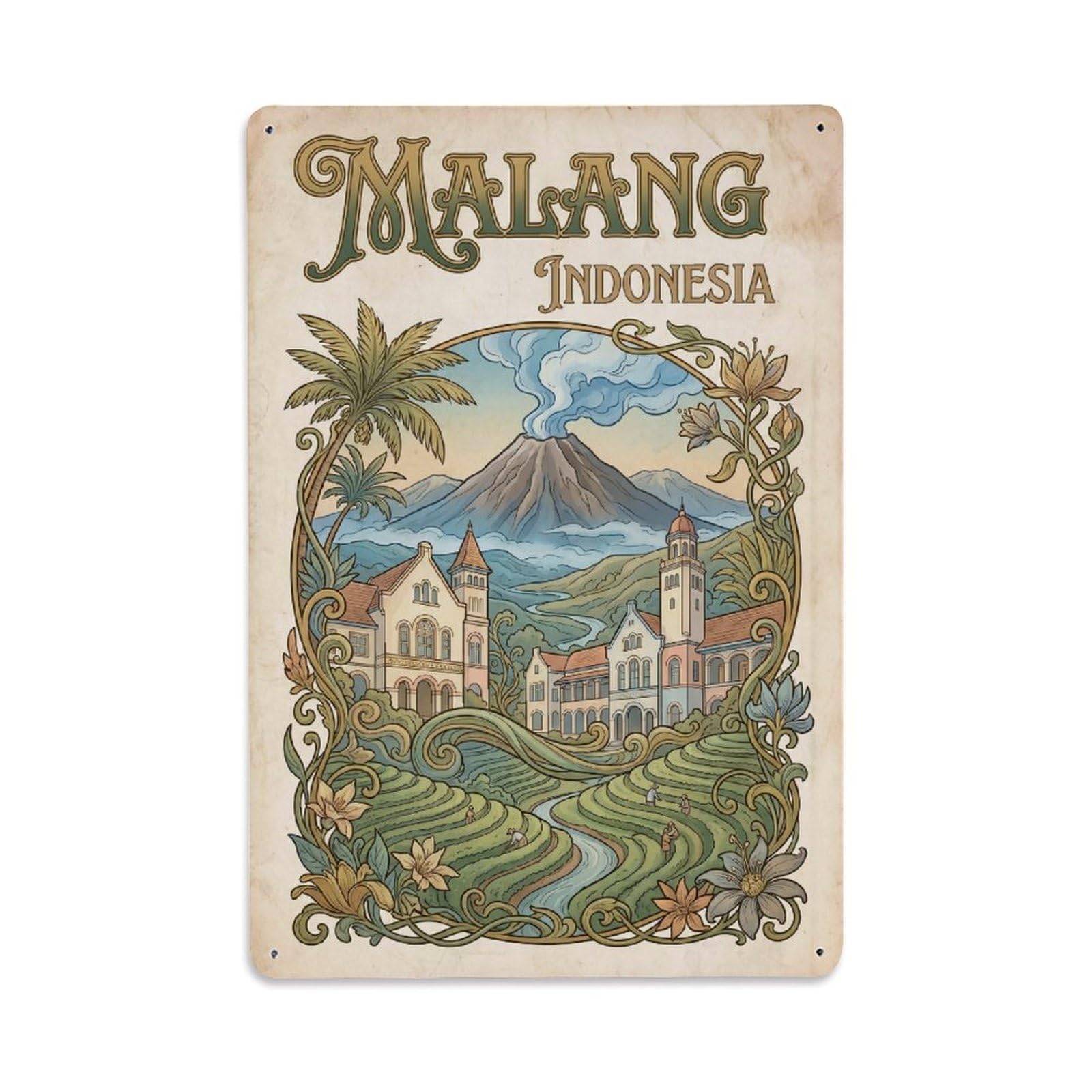 Indonesia Malang Vintage Travel Metal Tin Sign Plaque Wall Decor for Cafe, Club Bar, Office, Garden Metal Poster 8x12Inch