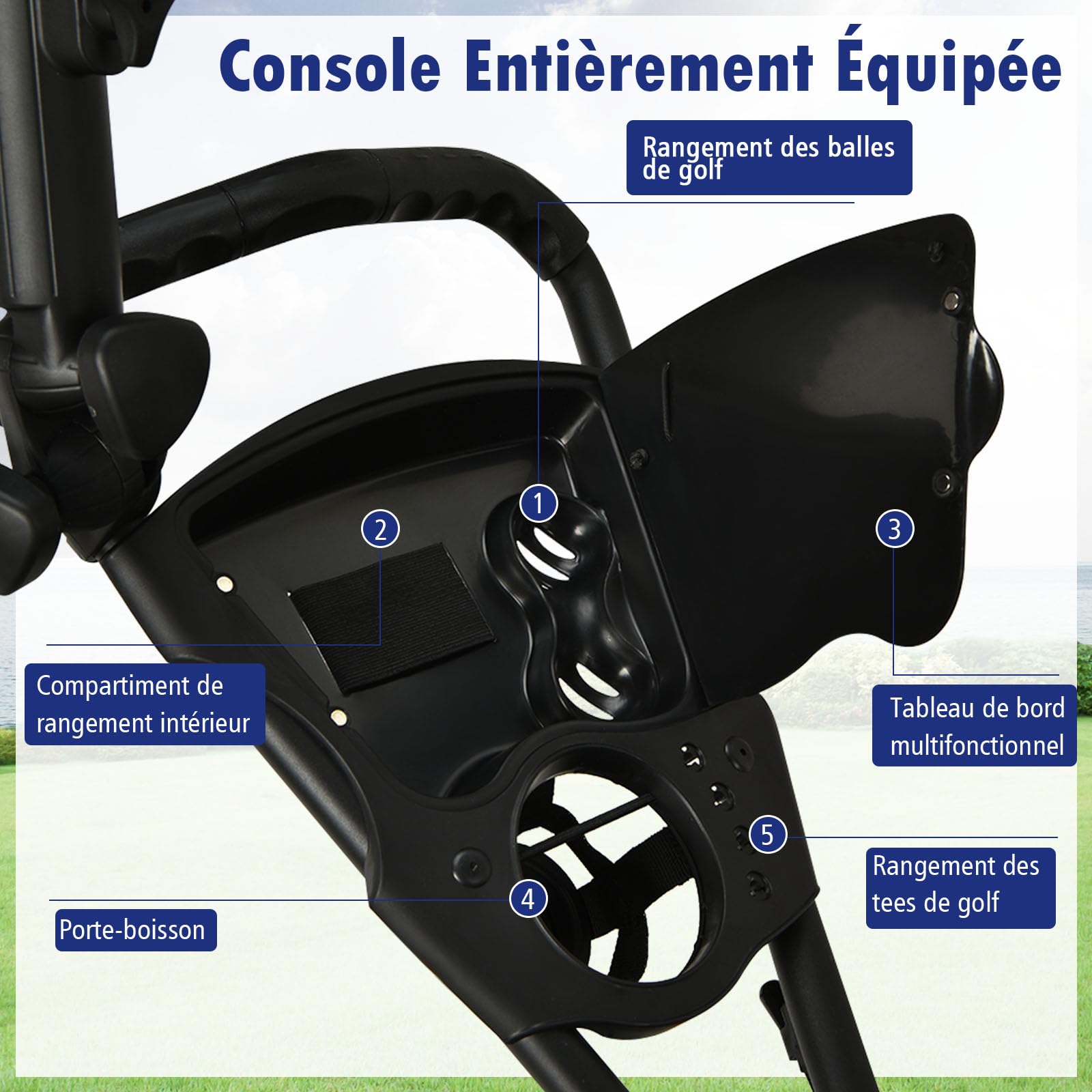 GYMAX Chariot de Golf à 3/4 Roues, Caddie de Golf Pliable Manuel, Porte-Sac, Porte-Parapluie, Cadre Robuste en Aluminium Pliable, Poignée Réglable, Tableau d'Affichage, Porte-Boisson