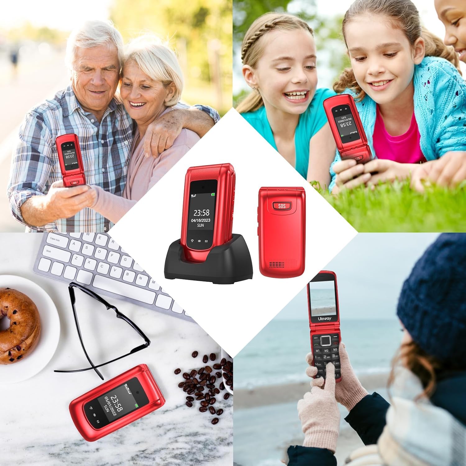 CHAKEYAKE Cellulare per Anziani con Tasti Grandi, Display Doppio 2.4'' + 1.77'', Telefono Senior con Tasto SOS, Volume Alto, Base di Ricarica, Fotocamera, Sbloccato, Rosso