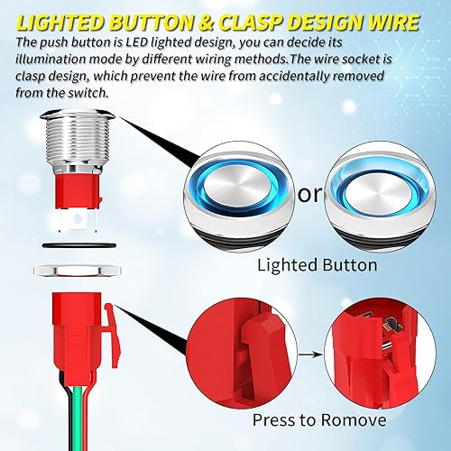 Miniatura 4 de Joinfworld Latching Push Button Switch 12V 20A Heavy Duty DC 12 Volt Waterproof Round Switch 19MM Metal Blue LED Ring Illuminated ONOff Weatherproof