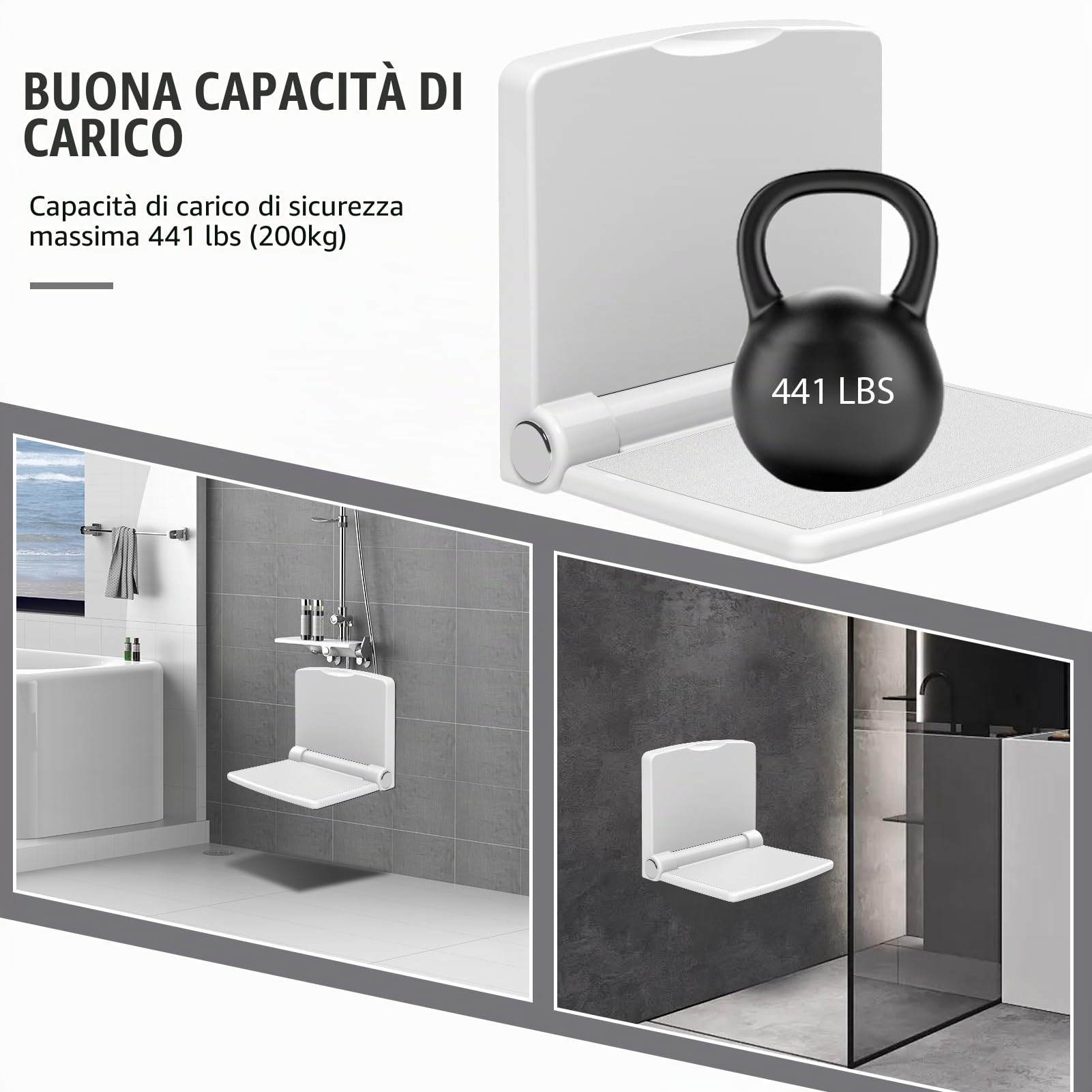 Sedile per Doccia Pieghevole Spesso con Schienale a Muro - 200kg Portata Max Antiscivolo, ABS Bianco, Installazione Rapida per Anziani e Disabili
