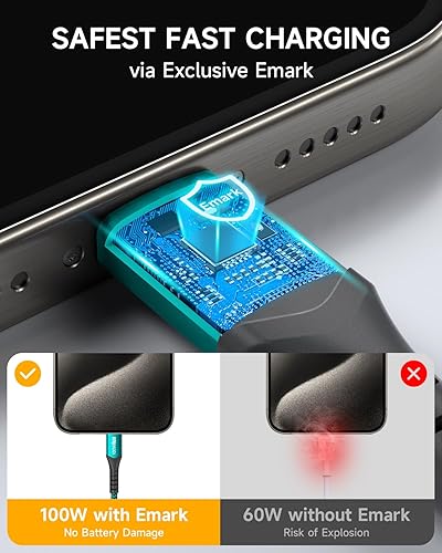 Miniatura 7 de Cable USB-C a USB-C de 3.3 pies, PD 100 W iPhone 15, cable de carga rápida de nailon trenzado de ángulo recto para iPhone 15 Plus15 Pro Max,