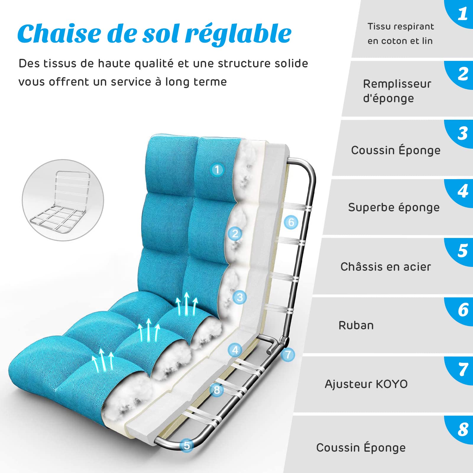 COSTWAY Chaise de Sol pour Méditation - 14 Positions Réglable Cadre en Acier Robuste Tissu en Coton et Lin Respirant,Housse Amovible et Lavable Idéal pour Salon et Salle d'étude (Bleu Poan)
