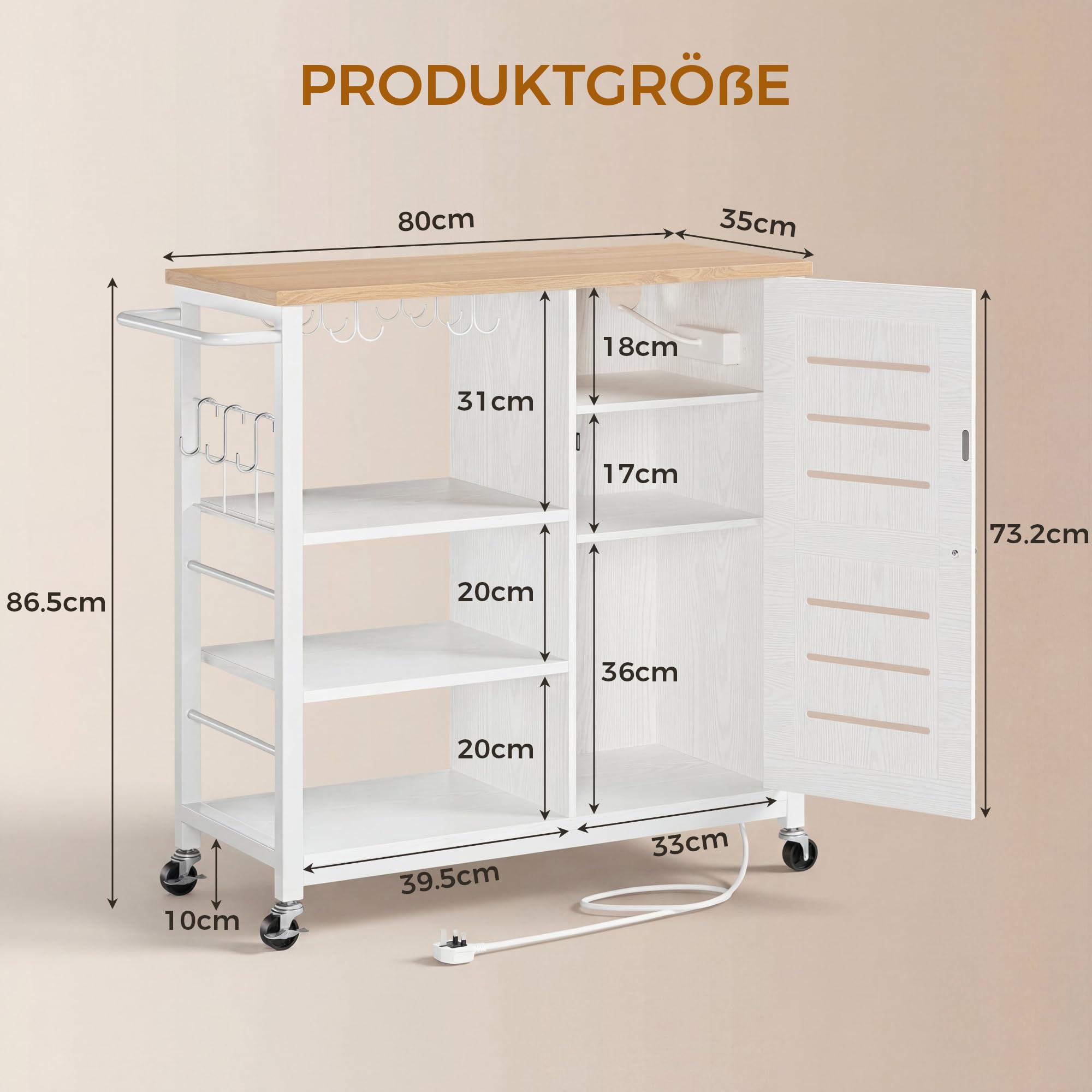 IRONCK Küchenwagen mit Steckdosenleiste, Kücheninsel Küchenschrank, Weiß
