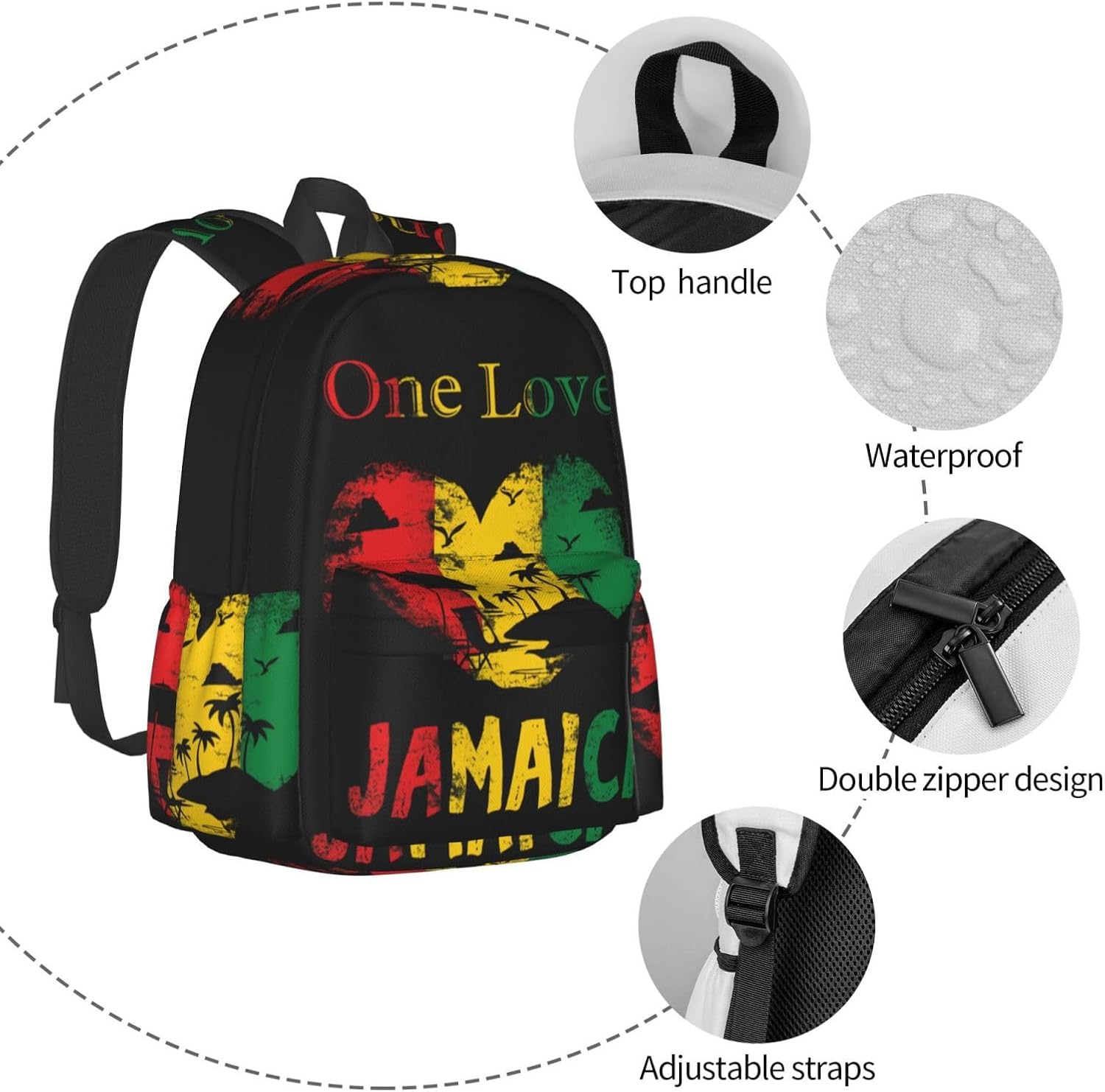 One Loves Jamaican Rasta Reggae Backpack Double Shoulder Bag 15 Inch Laptop Bagpacks for Hiking Work Camping Travel