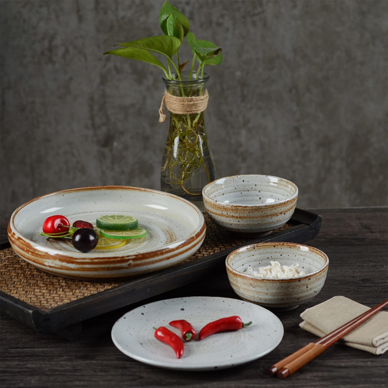 Zestawy obiadowe, Zestawy porcelanowych misek i talerzy, Zestaw ceramicznych naczyń obiadowych Retro, 16 szt. Zestaw naczyń kamionkowych Zestaw kombinowany zastawy stołowej