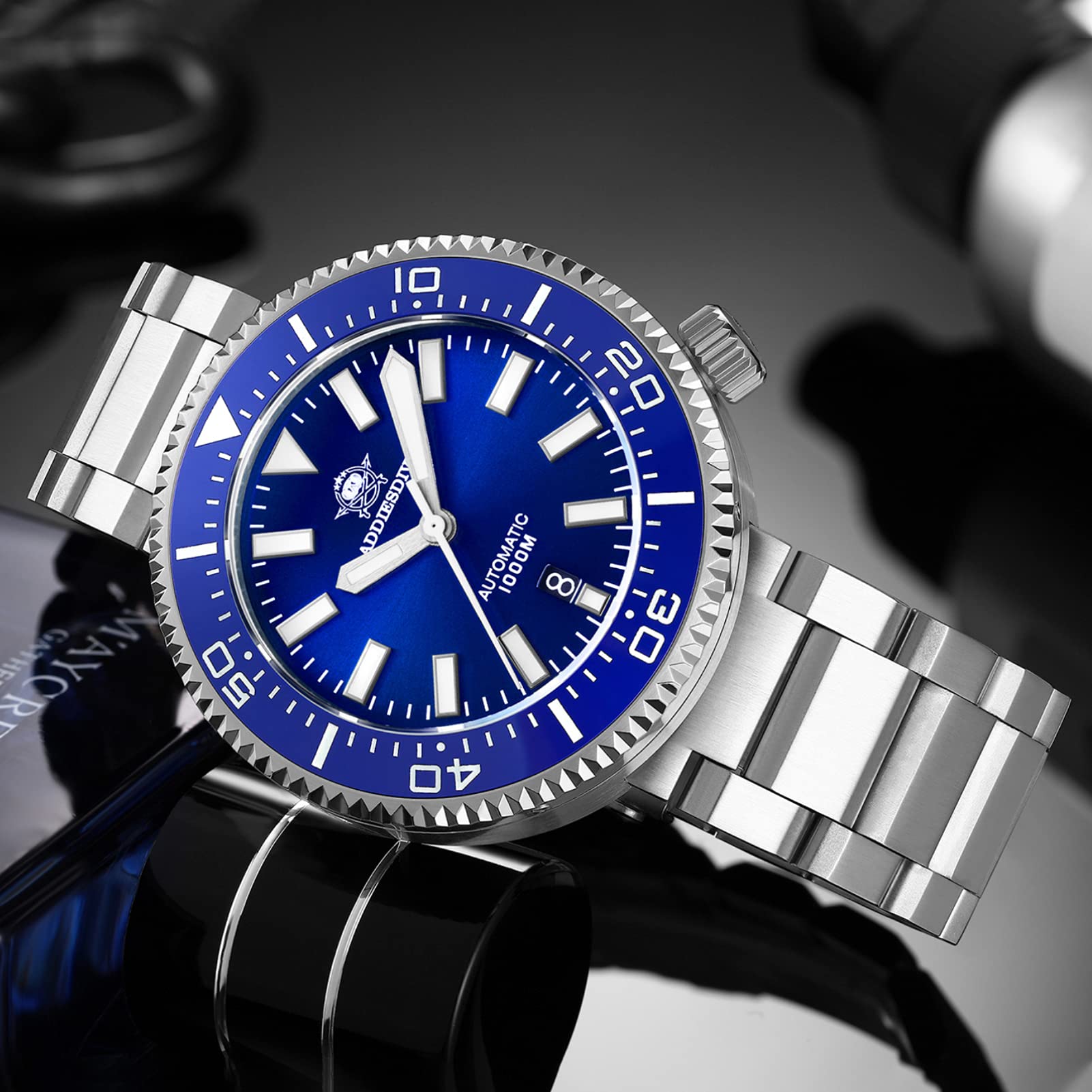 ADDIESDIVE Orologio Subacqueo Uomo Blu Diver 1000 Metri Automatico NH35A Uomo Acciaio Luminescente Zaffiro Sintetico