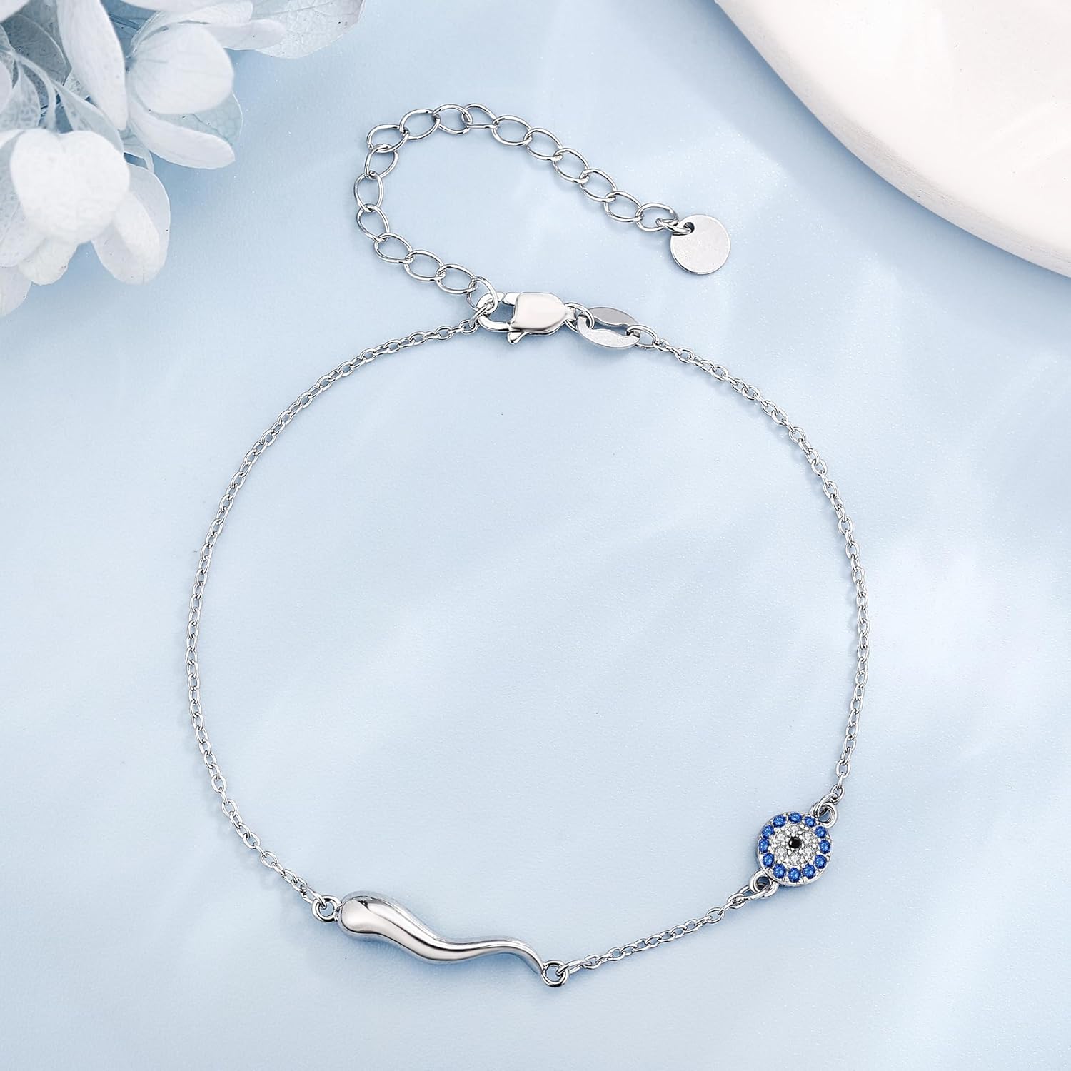 Evil Eye/Italian Horn Bracelet Sterling Silver Blue Evil Eye Bracelet Good Luck Jewelry for Women - Image 5