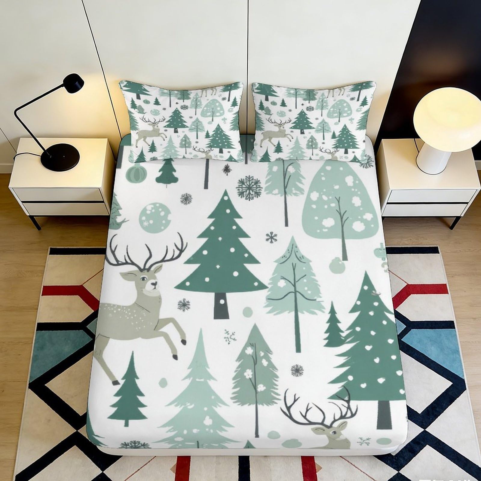 3D Printed Forest Tree Fitted Sheet Microfiber Stag Deer Bed Cover Anti-Slip Washable Bedroom Guestroom Decor 90x200x25cm