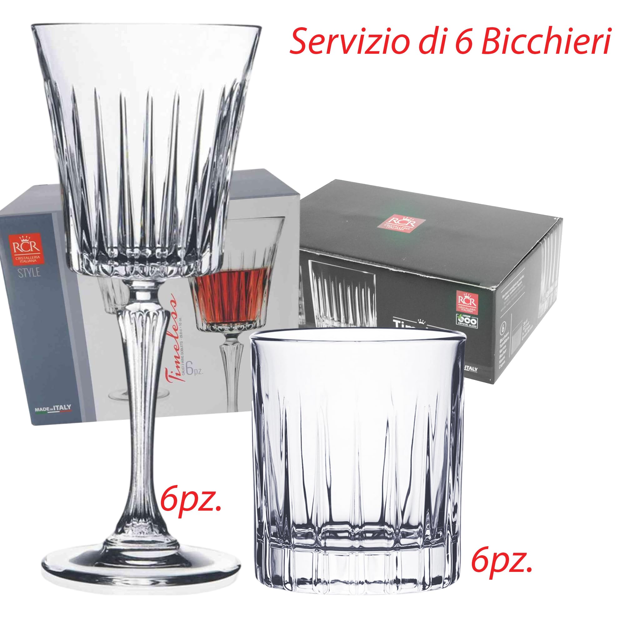 Sicignano | Juego de 6 copas de 30 cl, con 6 vasos de 36 cl, Timeless para vino, agua, licores y cócteles, cristal ecológico, transparentes, resistentes – regalo cubo champán Marea 1 botella