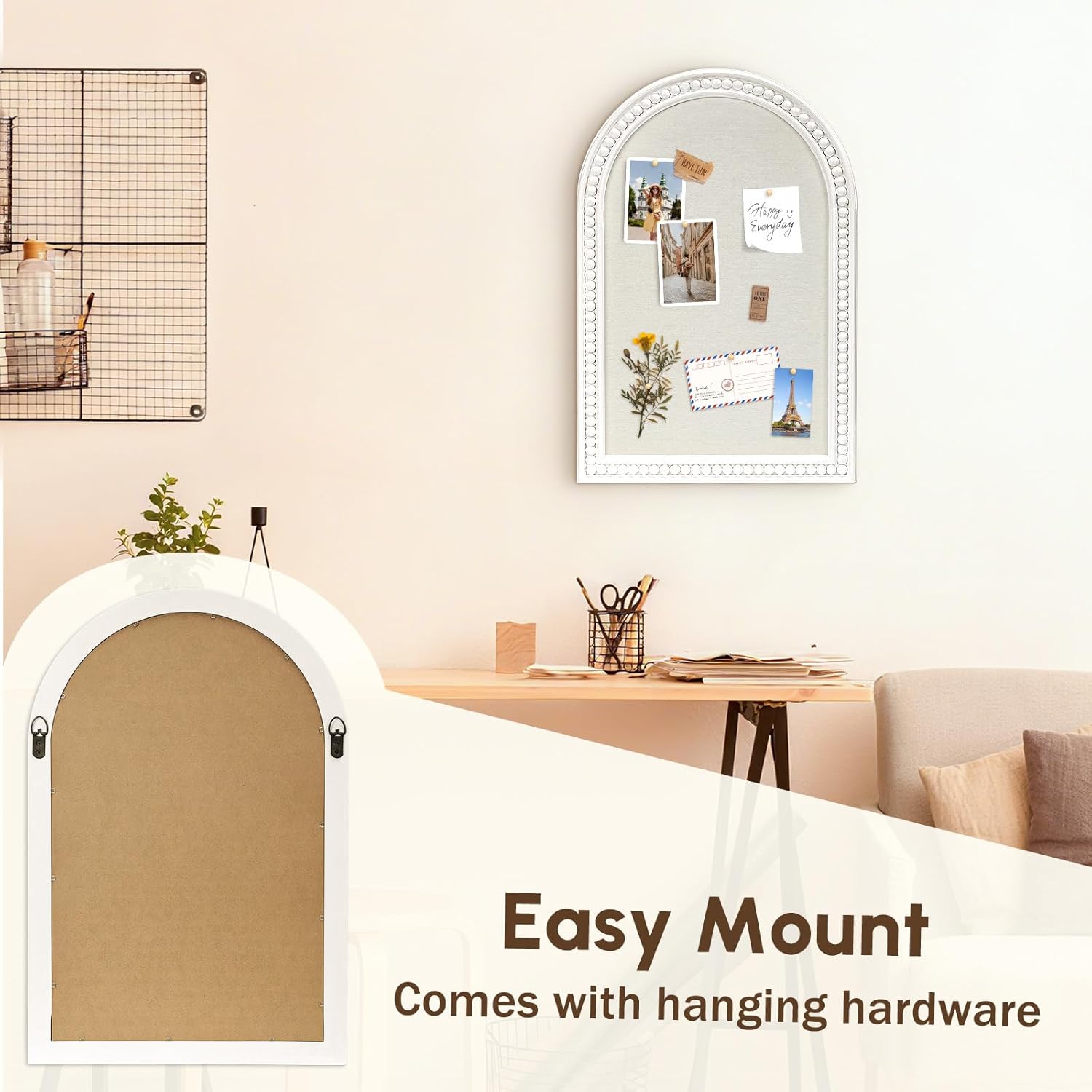 16" x 24" Linen Bulletin Board, Arched White Wood Frame with Beaded Trim, Decorative Pin Board Wall Organizer for Photos, Notes, Memo & Vision Board, 4060WH