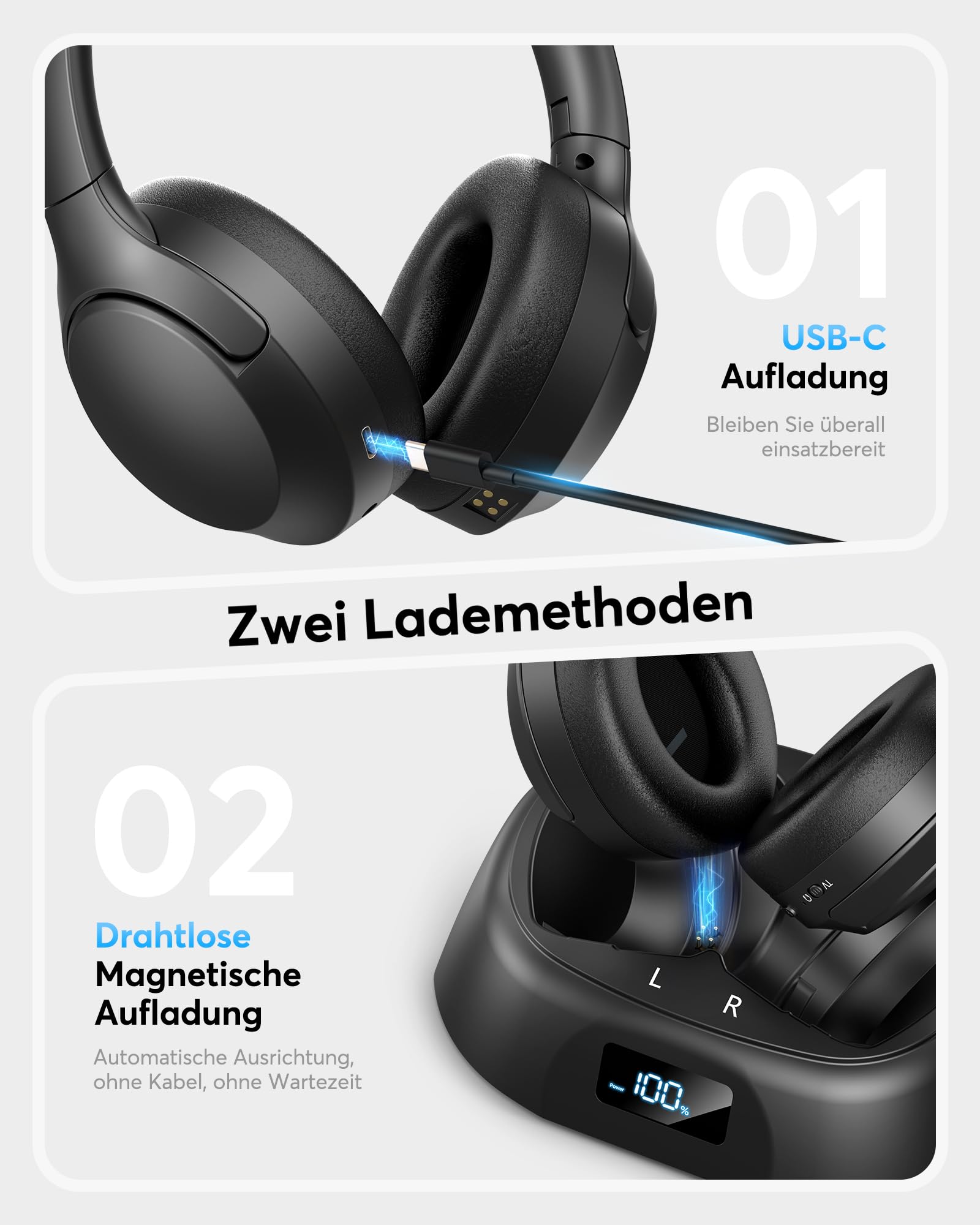 Doohoeek Kabellose TV Kopfhörer Bluetooth 6.0, Over-Ear Funkkopfhörer mit Ladestation&Digital Display, Plug&Play, 60H Akku Laufzeit, Klappbar Headset für Fernseher(Optisch, AUX, RCA Kompatibel)