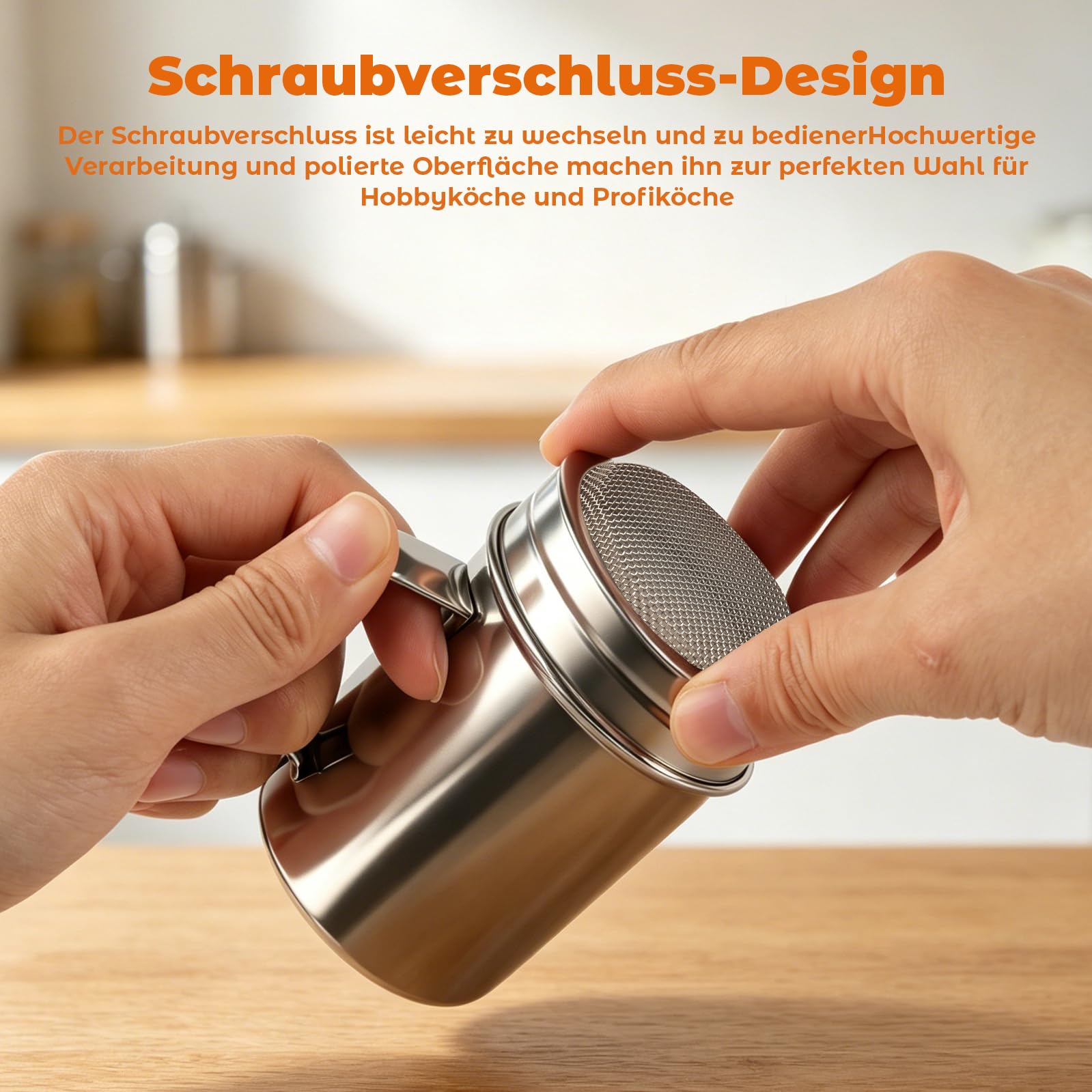 2 Stück Puderzuckerstreuer 304 Edelstahl, Mehlstreuer mit Griff & Deckel, Kakaostreuer für Cappuccino, Staubzuckerstreuer Zimtstreuer, Puderzuckermühle zum Drehen, Mehlsieb Puderzuckersieb Feinmaschig
