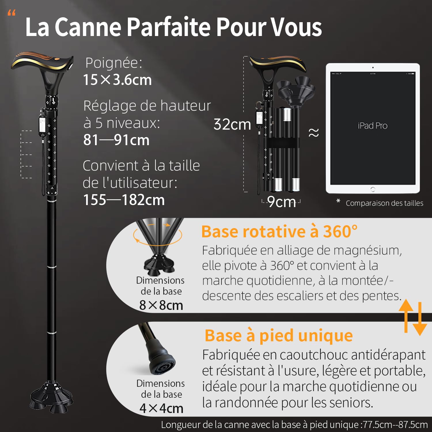 Canne de marche pliable multifonctionnelle avec lumière, canne de marche tendance pour homme et femme, canne de marche réglable pour personnes âgées, charge directe USB, légère et portable