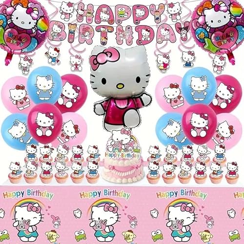 48Pcs - Kitty Birthday Party Decorations Set, with Banner, Balloons, Cake Topper, Cupcake Toppers, Hanging Swirls, Tablecloth.