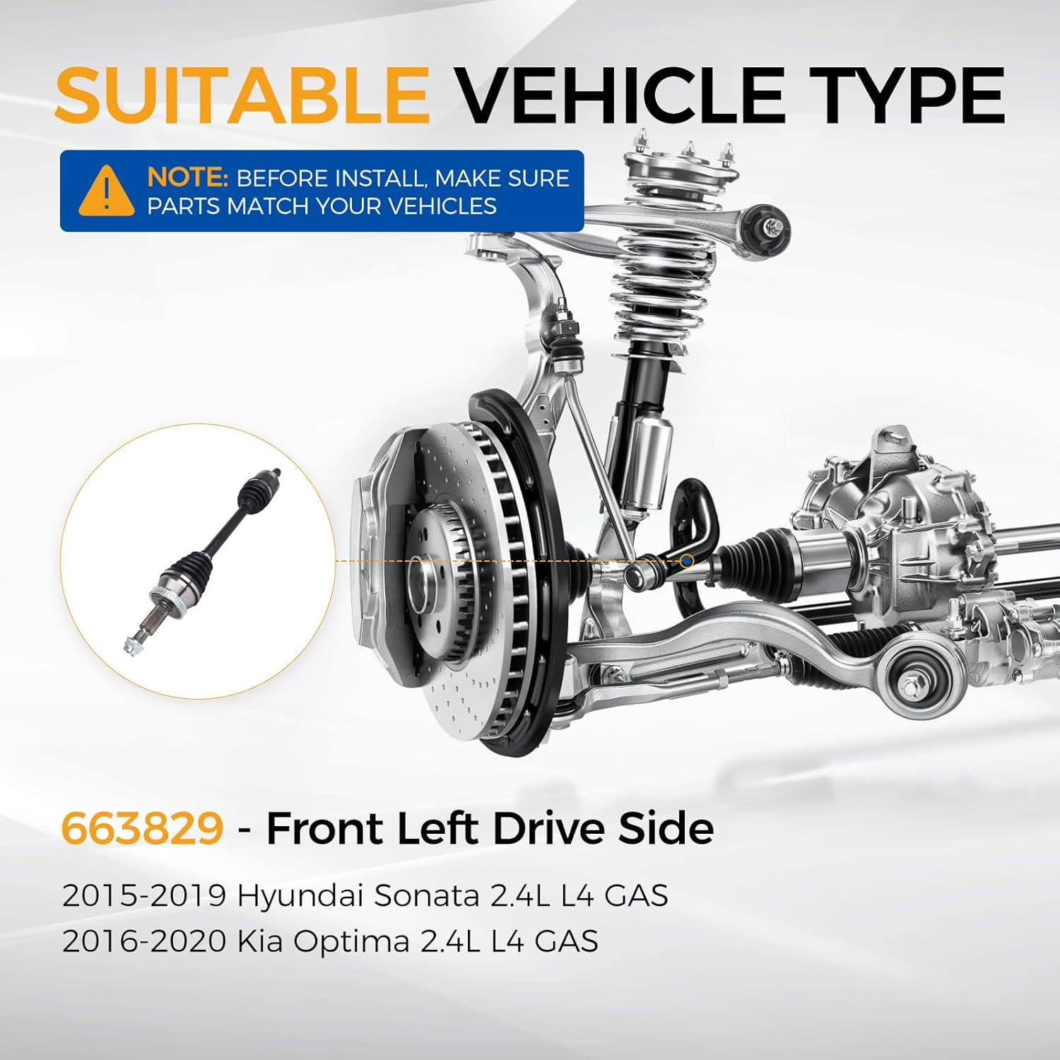 PAROD 663829 CV Axle Assembly Fit for 2015-2019 Hyundai Sonata, 2016-2020 Kia Optima, 2.4L L4 GAS Front Left Driver Side
