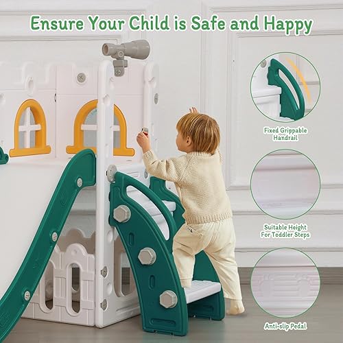 Miniatura 6 de Tobogán 6 en 1 para niños pequeños, escalador deslizante para interiores y exteriores, con aro de baloncesto, almacenamiento y telescopio, tobogán