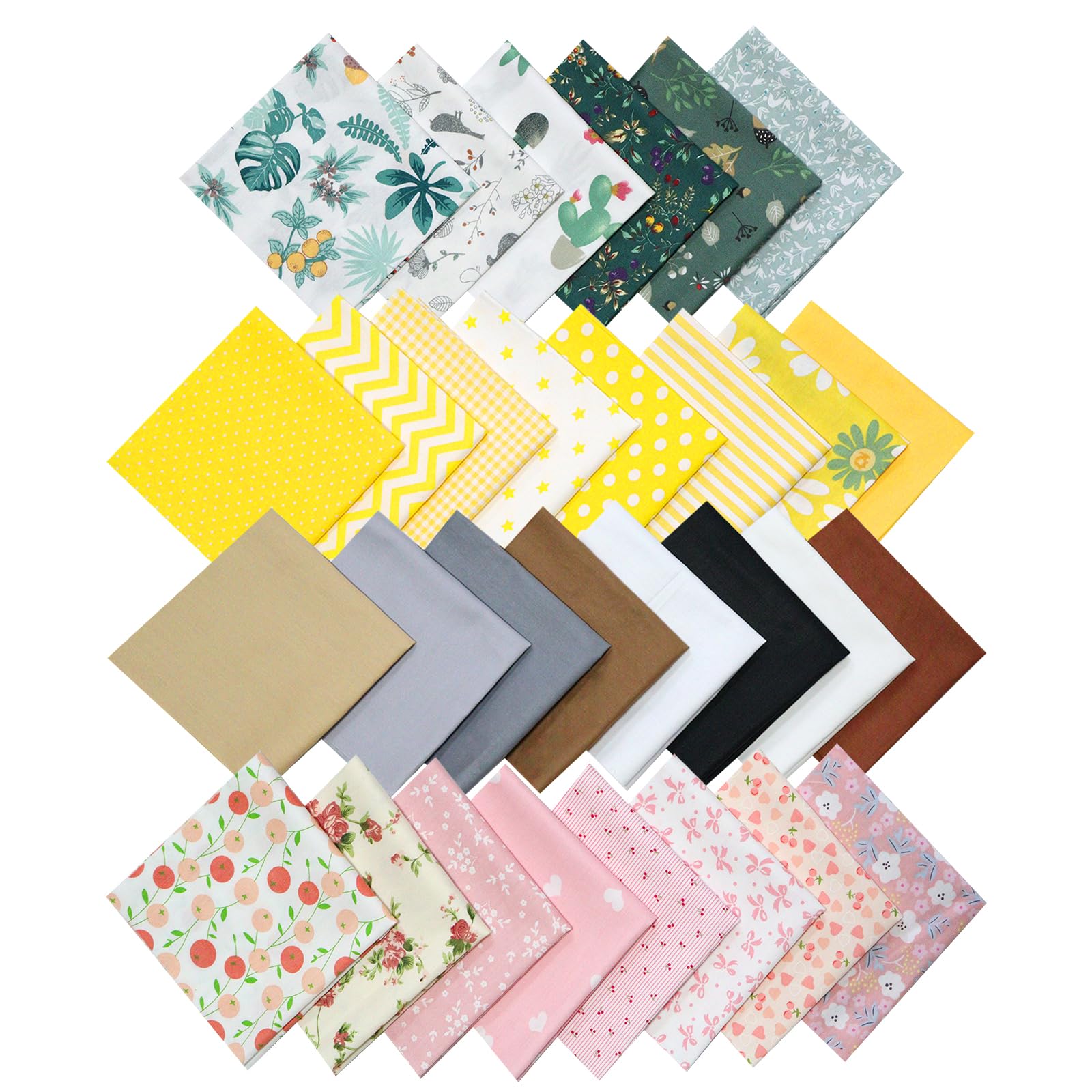 Quilting Fabric Bundle, 30 Pcs 100% Cotton 25 x 25 cm Fabric Squares, Precut Patchwork Squares for Sewing, Quilt Making, DIY Crafts, 8 Solid+22 Assorted Floral Prints (8 Pink + 8 Yellow + 6 Green)