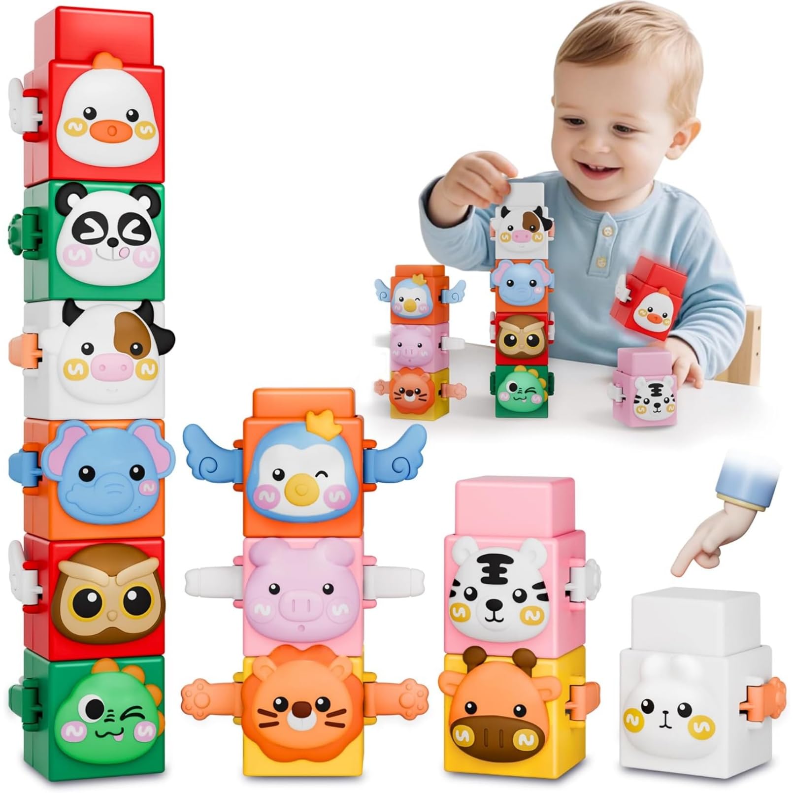 AM ANNA Nesting and Stacking Pop up Toys Set for Toddlers, Cause and Effect Toy with 12 Pcs Animal Blocks for Baby, Infant Toys 6-12 Months Montessori Toy for Babies,Stacking & Building