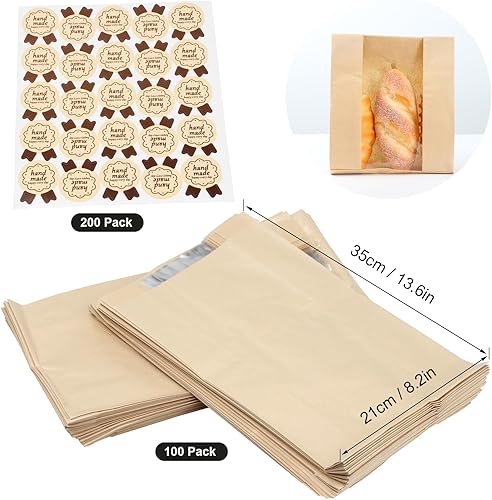 Miniatura 6 de Paquete de 100 bolsas grandes de papel para pan casero, bolsas de panadería con ventana para almacenamiento de envases de alimentos horneados,
