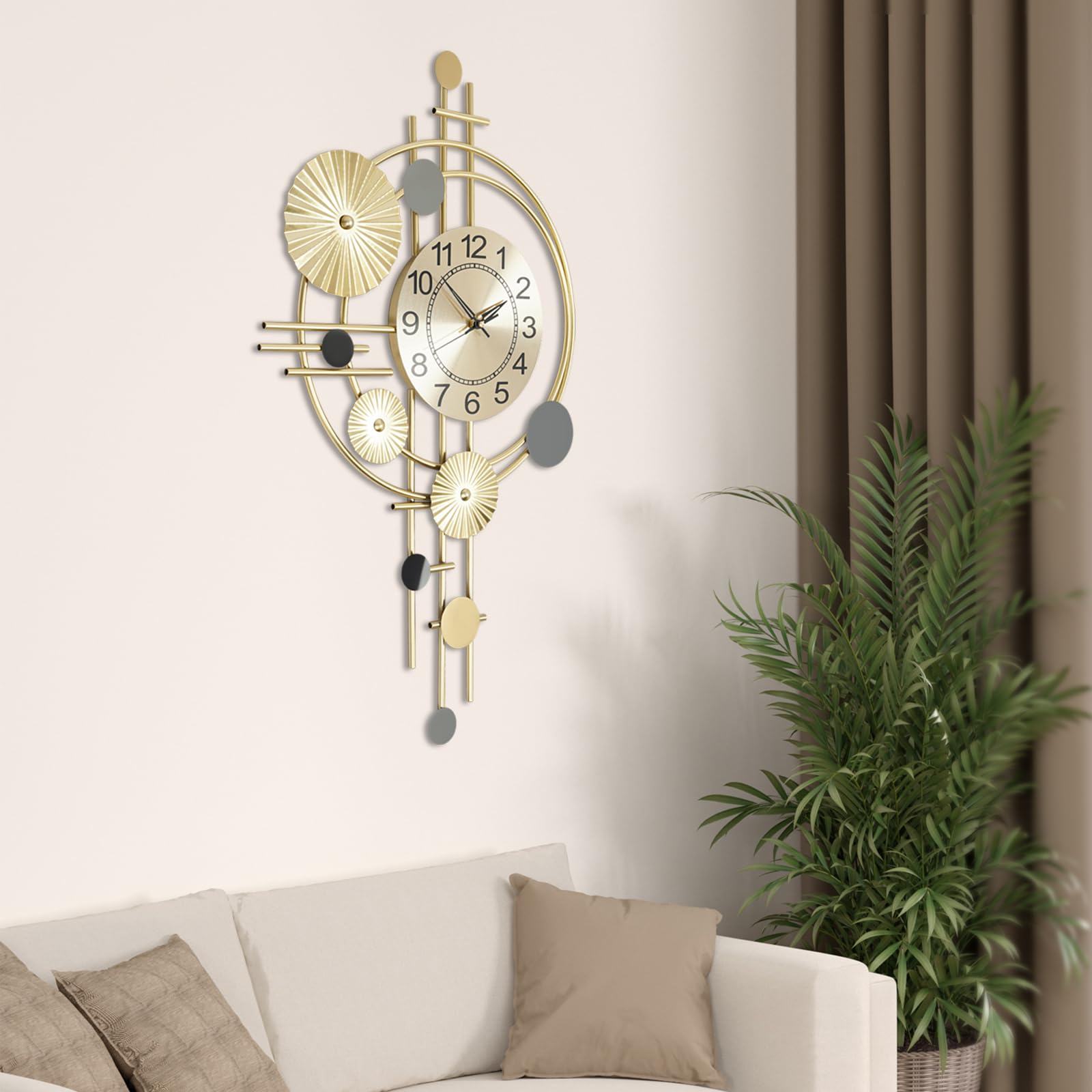 Reloj de pared grande moderno, 45 x 78 cm, creativo, relojes de pared decorativos, redondo, metal, silencioso, para salón, cocina, dormitorio, dorado