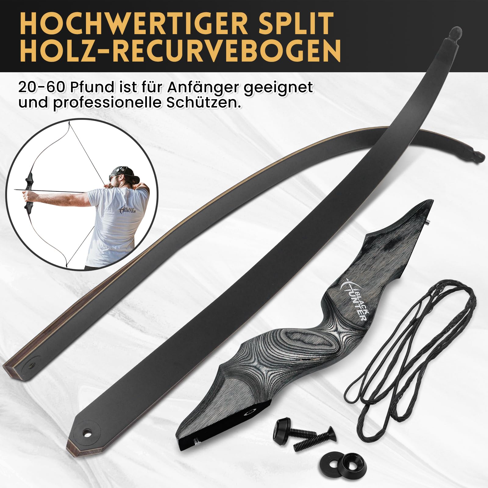 Obert Black Hunter 60 Zoll Profi Bogenschießen Takedown Recurvebogen Set 20-60lbs Rechtshand Holzbogengriff Jagdbogen für Erwachsene Sportbogen