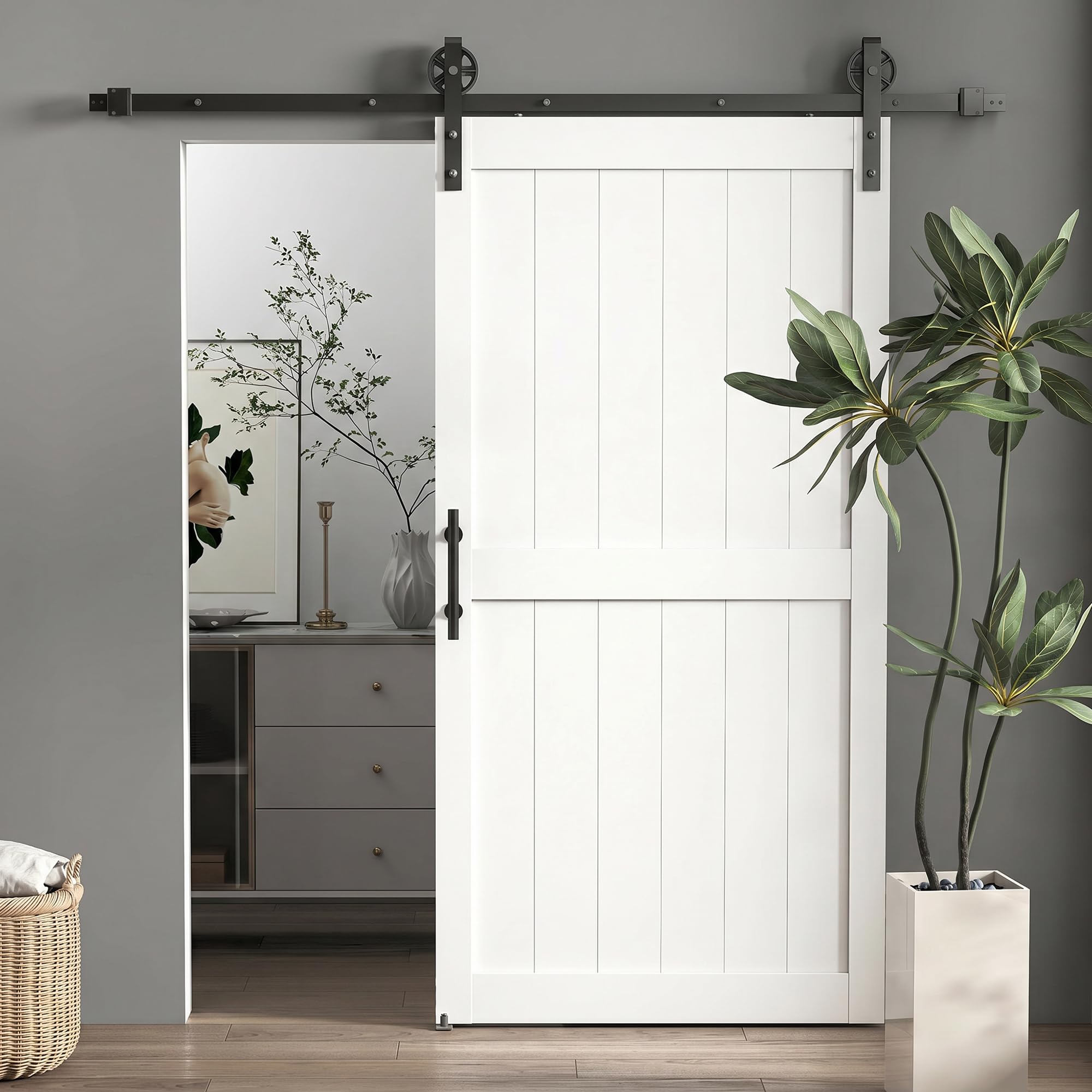 Homcom Unisex White 213.4Cm Sliding Barn Door Kit, Sliding Door With Track,