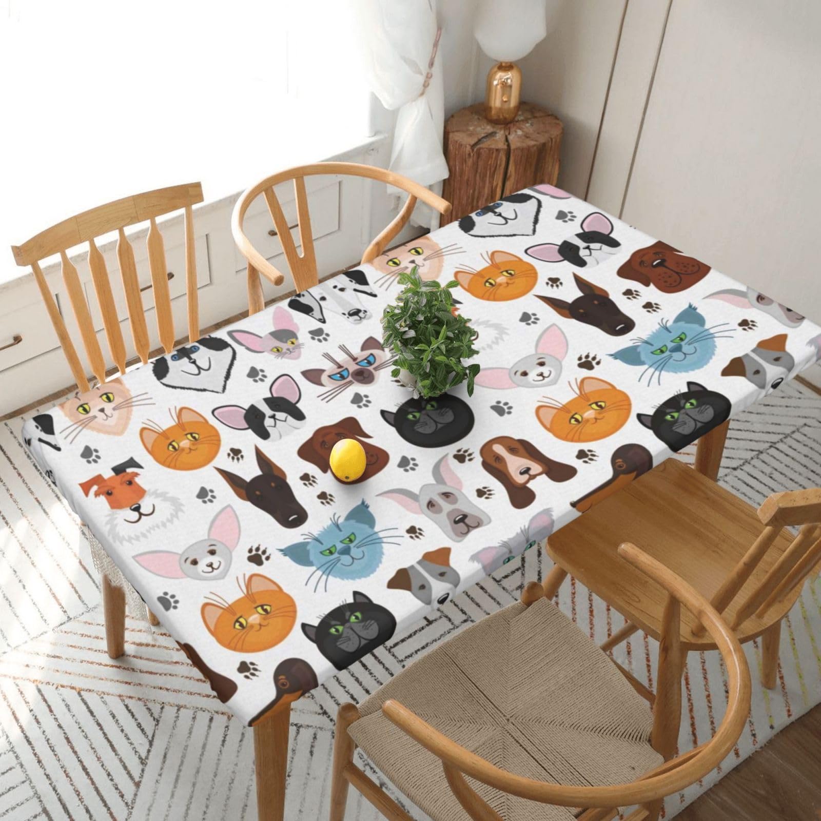BNVSADC Cartoon Cat and Dog Printed 5FT Tablecloth Polyester Kitchen Water Resistant Table Cloth Dining Table Decoration Table Covers, 152x76 CM