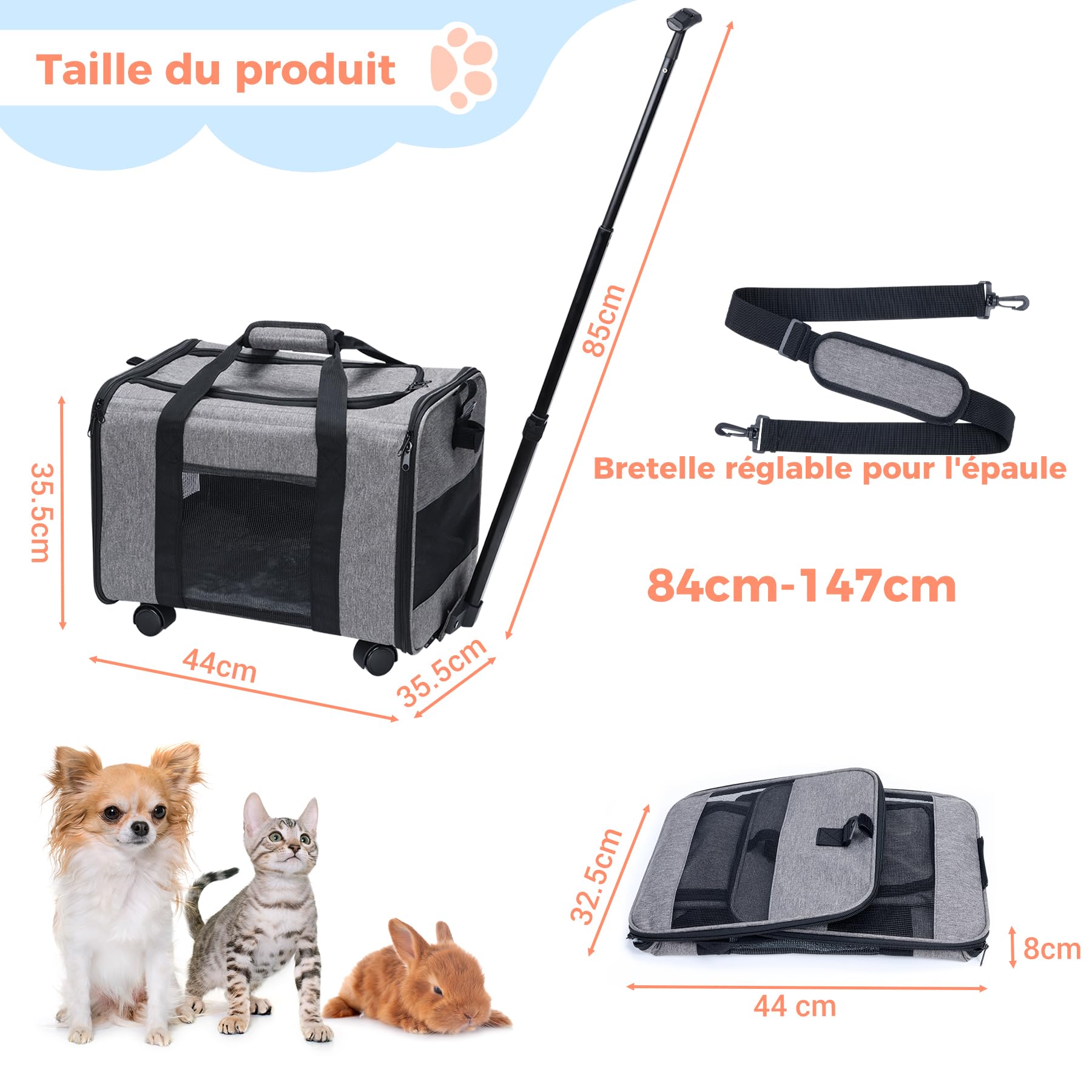 Sac Transport avec roulettes Amovibles pour Les Petits Chiens et Chats, Caisse de Transport Avion Cabine, Chariot pour Chien Charge jusqu'à 9kg (Gris)