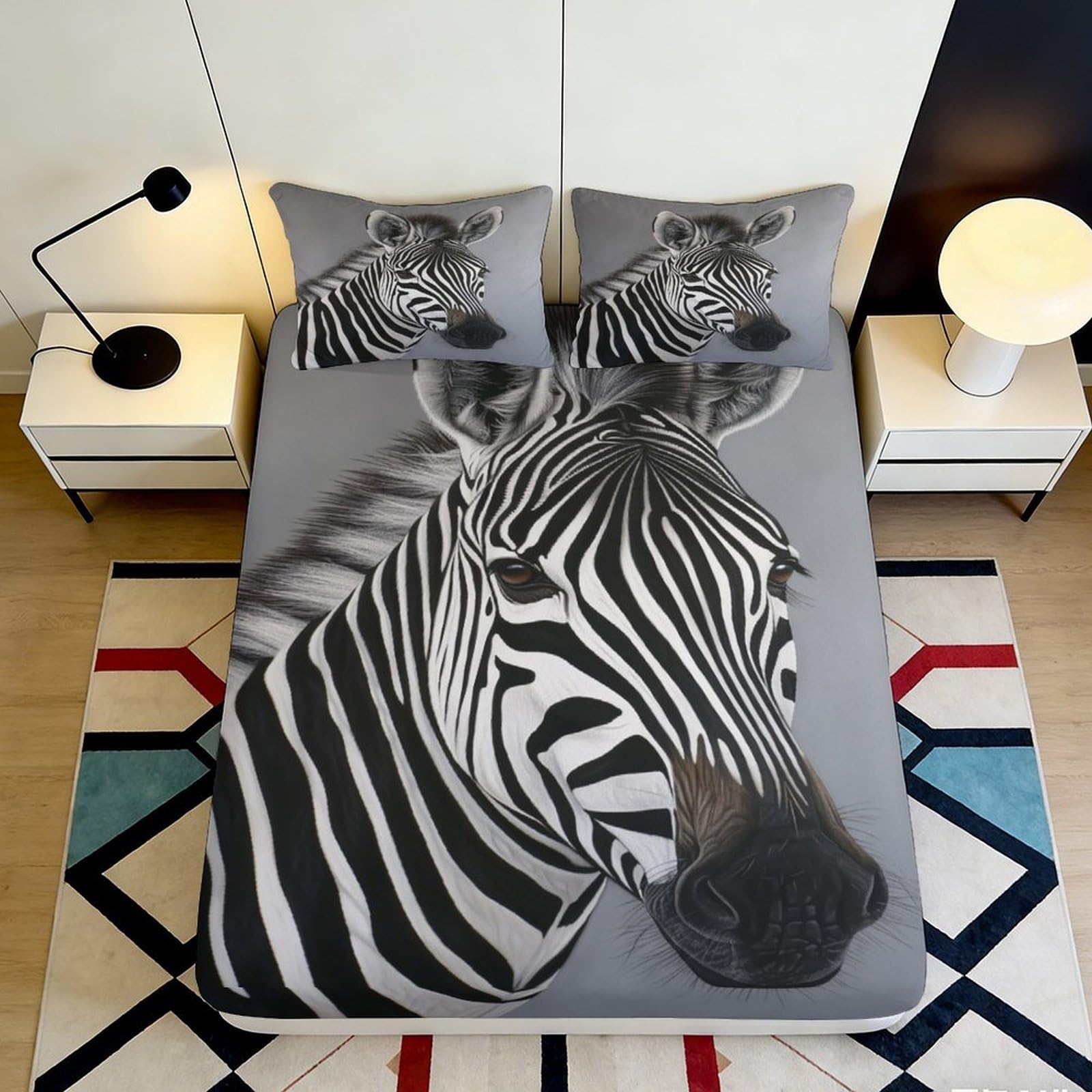3D Printed Zebra Fitted Sheet Microfiber Deep Pocket Non-Slip Bedding Zebra Mattress Fitted Cover Washable Wrap 140x200x25cm