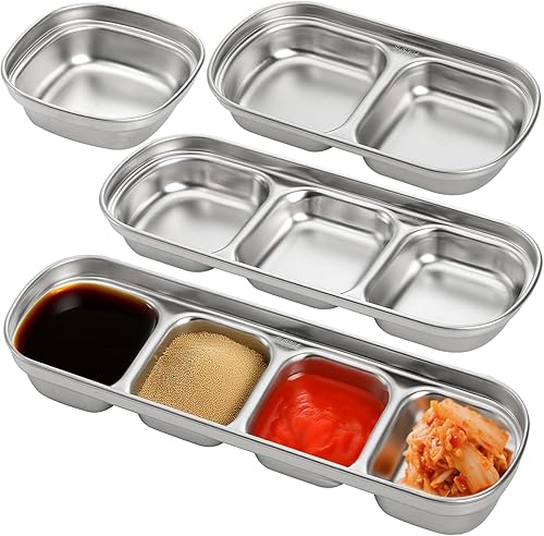 SOUJOY 4 platos de salsa de acero inoxidable, cuenco de salsa de condimento dividido, 1234 compartimentos, cuenco de salsa de salsa de tomate