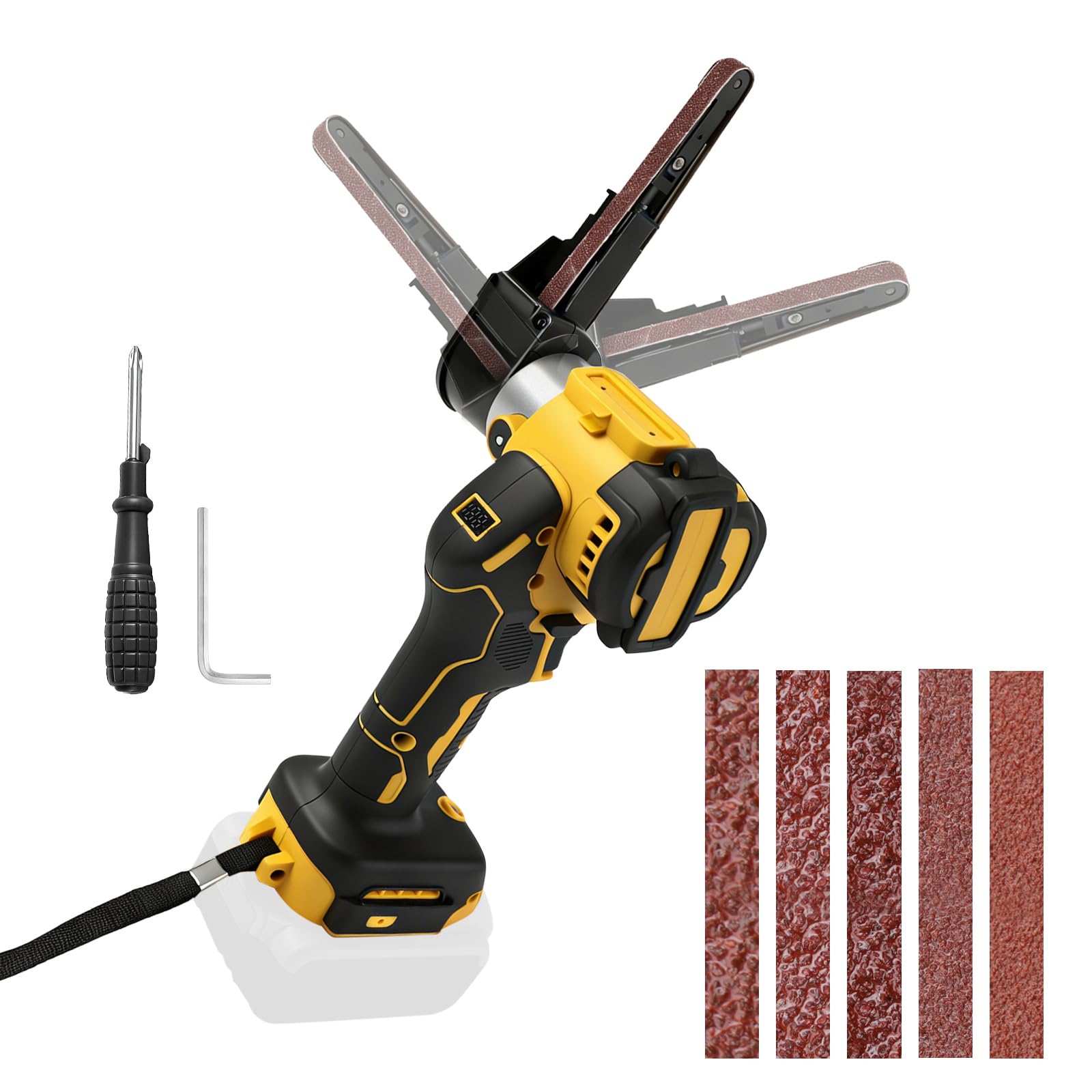 Akku Bandschleifer Kompatibel mit Dewalt 18/20V, 13.000 U/min Bürstenloser 360° Einstellbarer Akku Bandfeile mit Schleifarme 9 mm&13 mm, 20 Schleifbänder für Holz Metall Kunststoff
