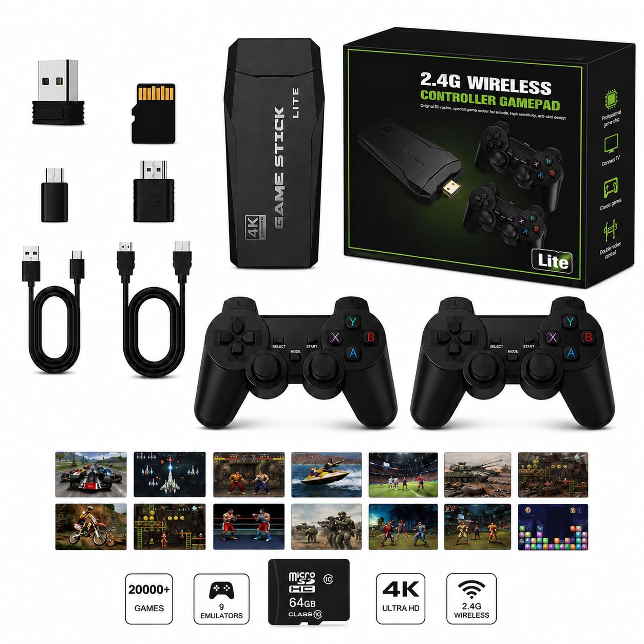 Consola de Juegos Retro Inalámbrica, 2026 Nueva Versión, Dongle HDMI 4K, 9 Emuladores Incorporados, 20000+ Juegos Preinstalados, Set con 2 Mandos Negros，128G 40000Games