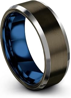 Tungsten Carbide Wedding Band Ring 8mm 6mm for Men Women Blue Black Gunmetal Interior with Beveled Edge Brushed Polished Personalized Custom Engraving Anniversary Engagement