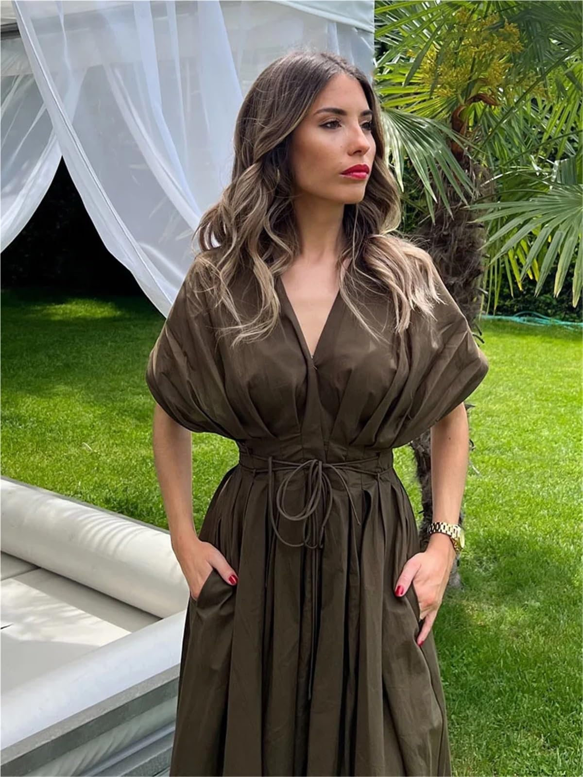 Vestido de Playa Verano Mujer Encaje Plisado diseño un Solo Pecho Midi Mujeres Manga Corta Elegante Delgado