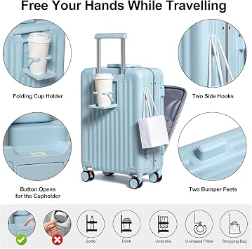 Somago Carry on Luggage Front Open 22x14x9 Airline Approved Lightweight Suitcase with Cup Holder and USB Port Aluminum Frame Polycarbonate Spinner Hard Suitcase with TSA Lock,Light Blue