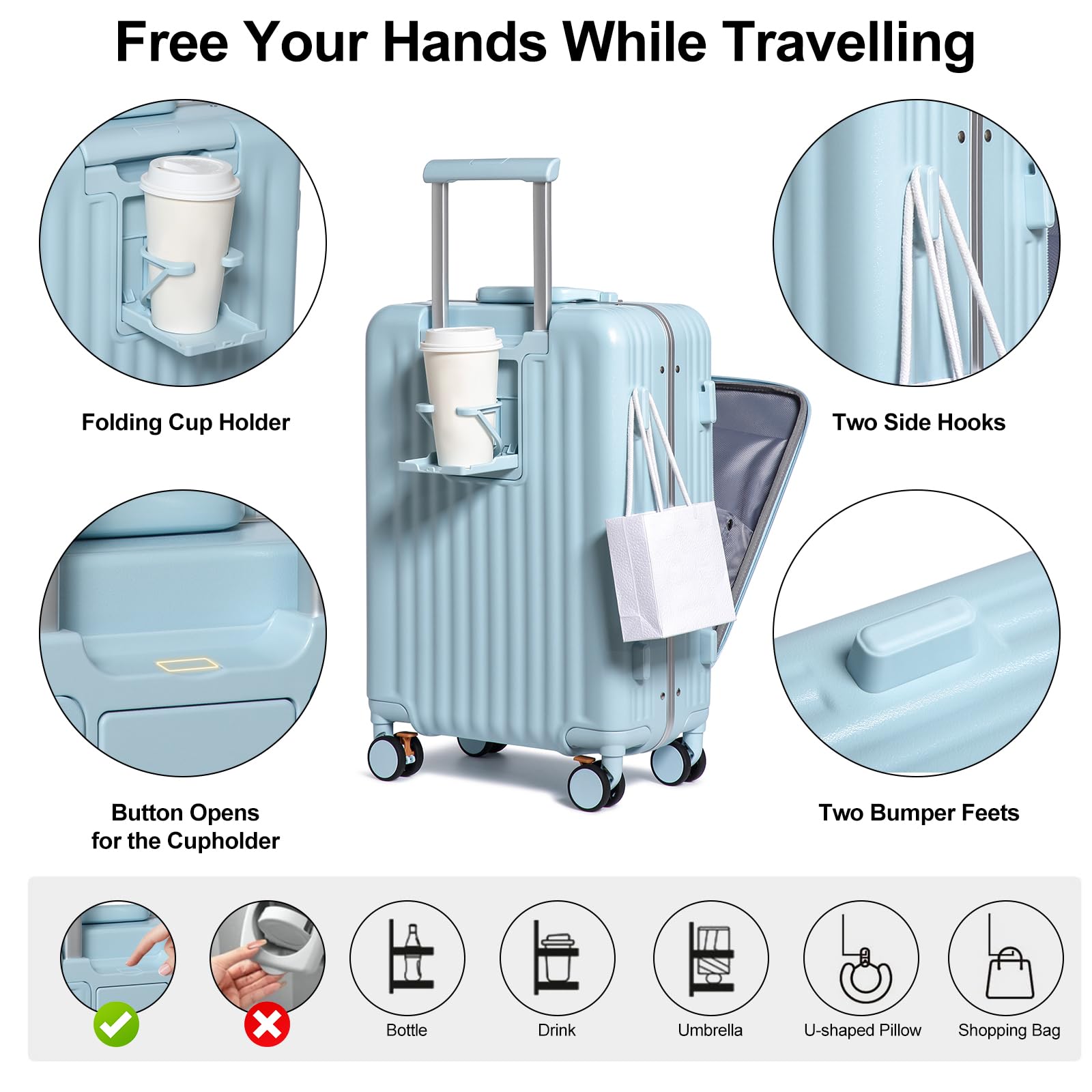 Sea choice Set di 2 Valigie Trolley in PC Bagaglio a Mano Set 2 Pezzi Valigie Rigide con 4 Doppie Ruote a 360° et Chiusura TSA 55cm/78cm con Ricarica USB, Porta bicchieri