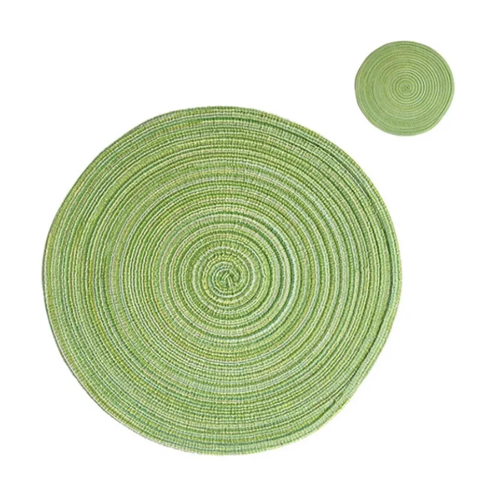 Woven Round Placemats and Rattan Coasters Set Dining Table Mats Non Slip Washable Farmhouse Place Mats(RCO Green,6sets)