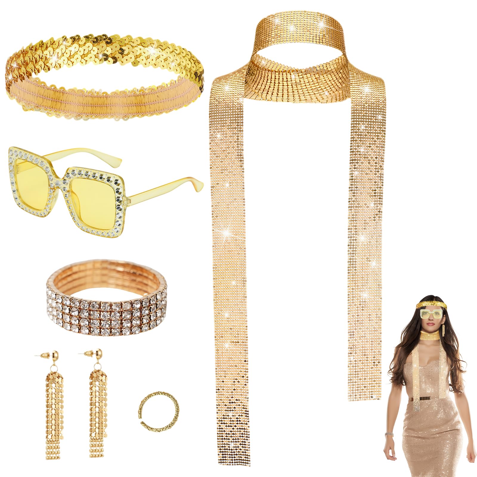 Yirrmiwn 7 PCS 70s Disco Accessories for Women, ABBA Fancy Dress, with Retro Glitter Scarf Earrings Headband Sunglasses Bracelet Ring, Golden