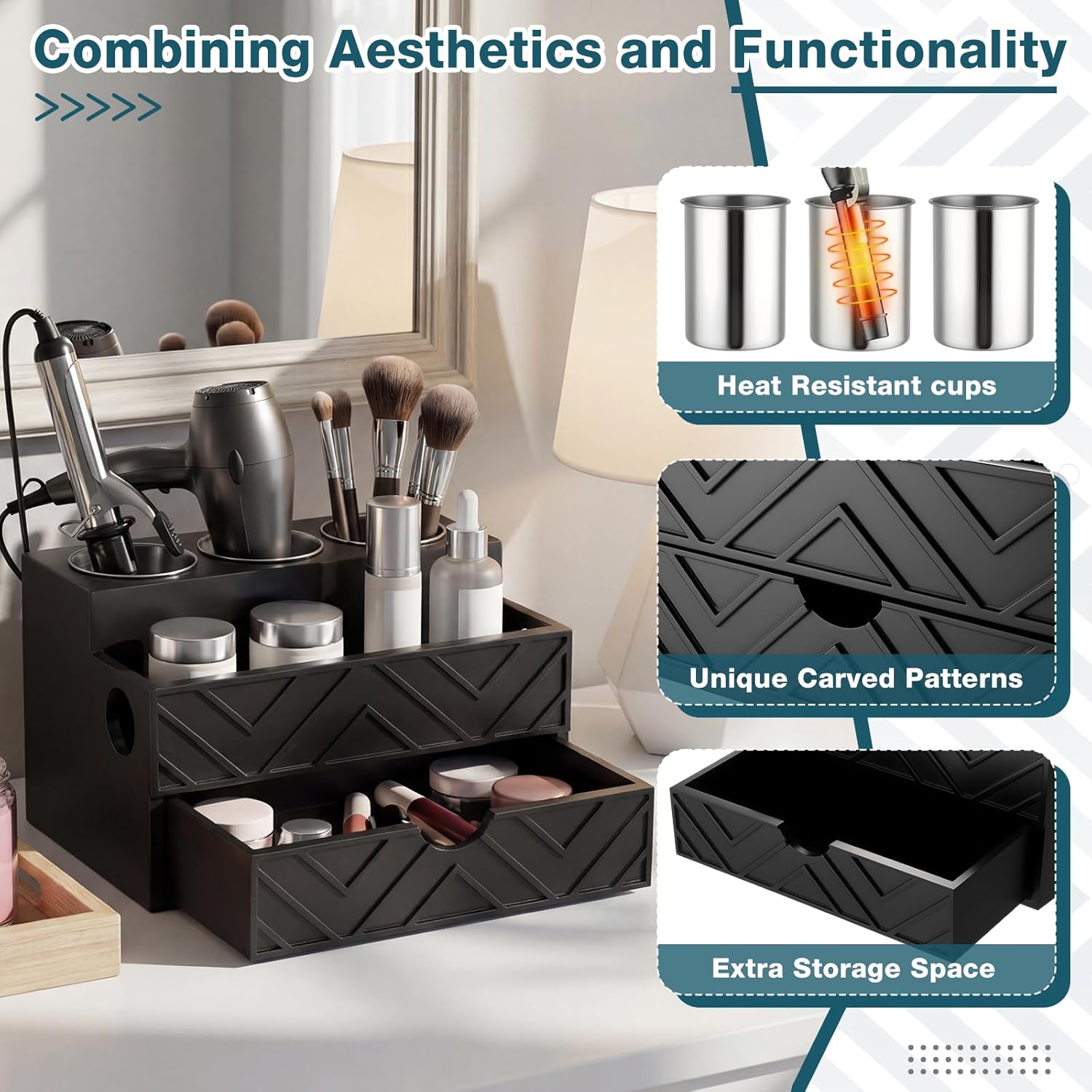 Hair Tool Organizer with Drawer, Hair and Makeup Bathroom Vanity Organizers and Storage Fits Blow Dryer, Curling Iron, Makeup Brushes, Skincare, Hot Tools Organizer for Tidy Counter(Black)