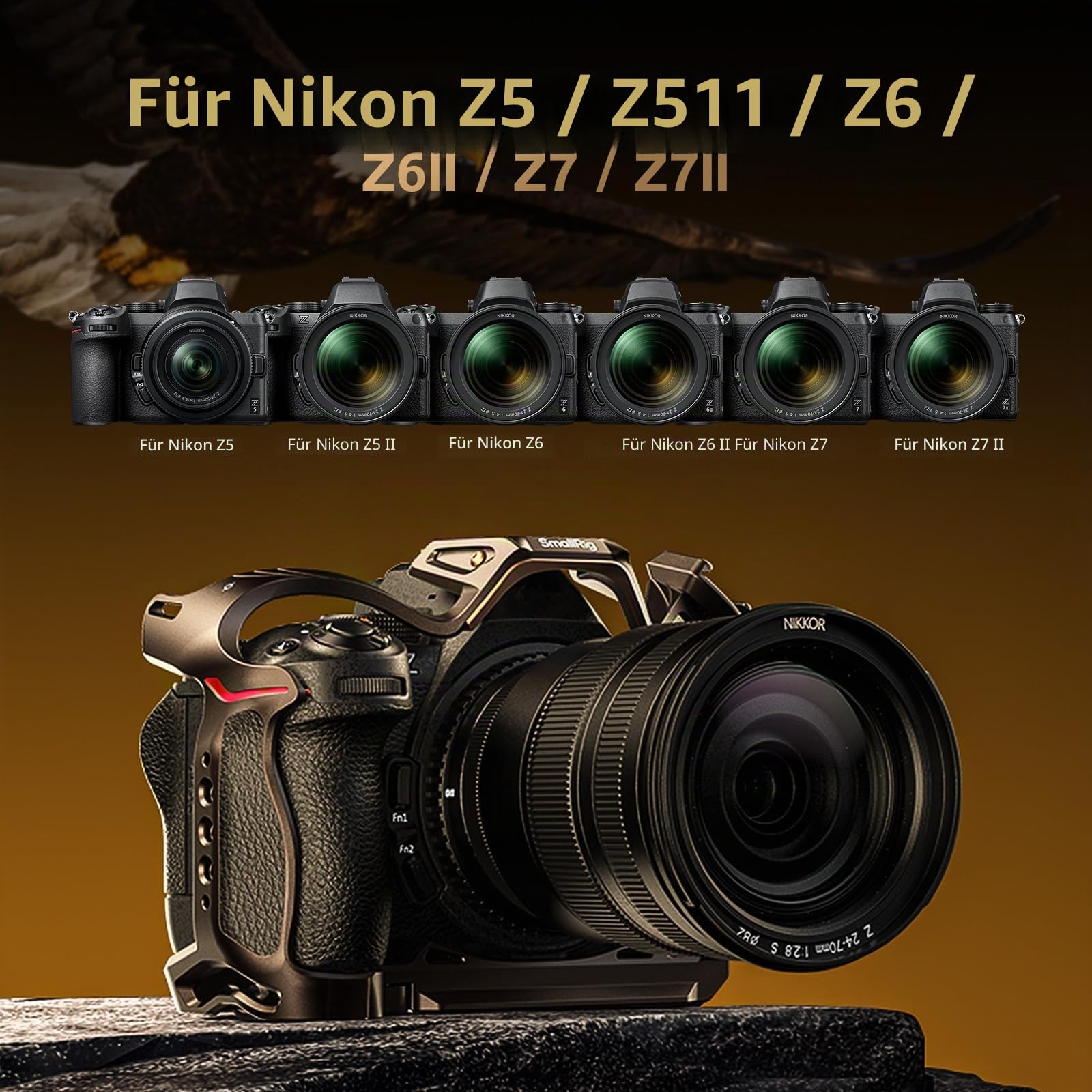 SMALLRIG Night Eagle Z5II Cage für Nikon Z5 / Z6 / Z6II / Z7 / Z7II, Kamera-Komplettkäfig aus Aluminiumlegierung mit Blitzschuh und NATO-Schiene, Schnellwechselplatte für arca – 5258