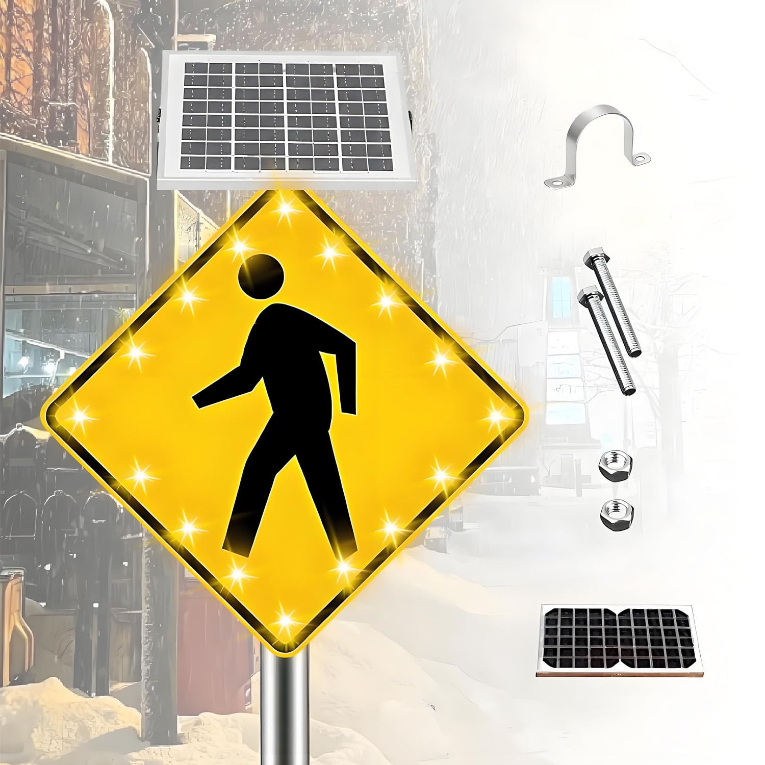 ROEFETY Flashing LED Pedestrian Crossing Sign,Solar Pedestrian LED Flashing Crossing Sign,16 LED Flashing Light,Engineering grade reflective film,Aluminum IP65 Weatherproof Crosswalk Signs 24inches