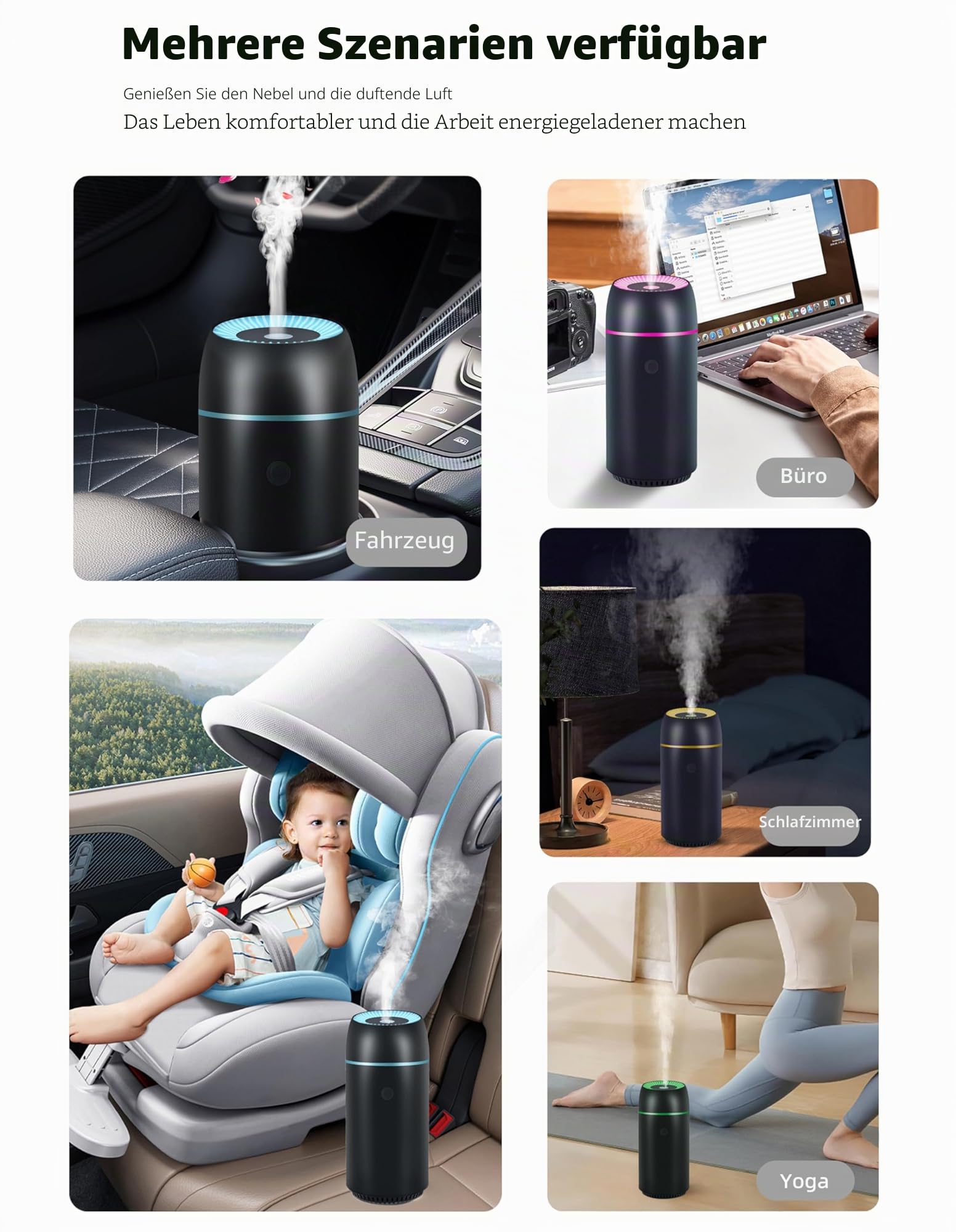 Auto-Diffusor für ätherische Öle und tragbare Mini-Ultraschall-Luftbefeuchter, 100 ml, USB-Aromatherapie-Diffusor mit bunten Lichtern für kleine Räume, Zuhause und Büro